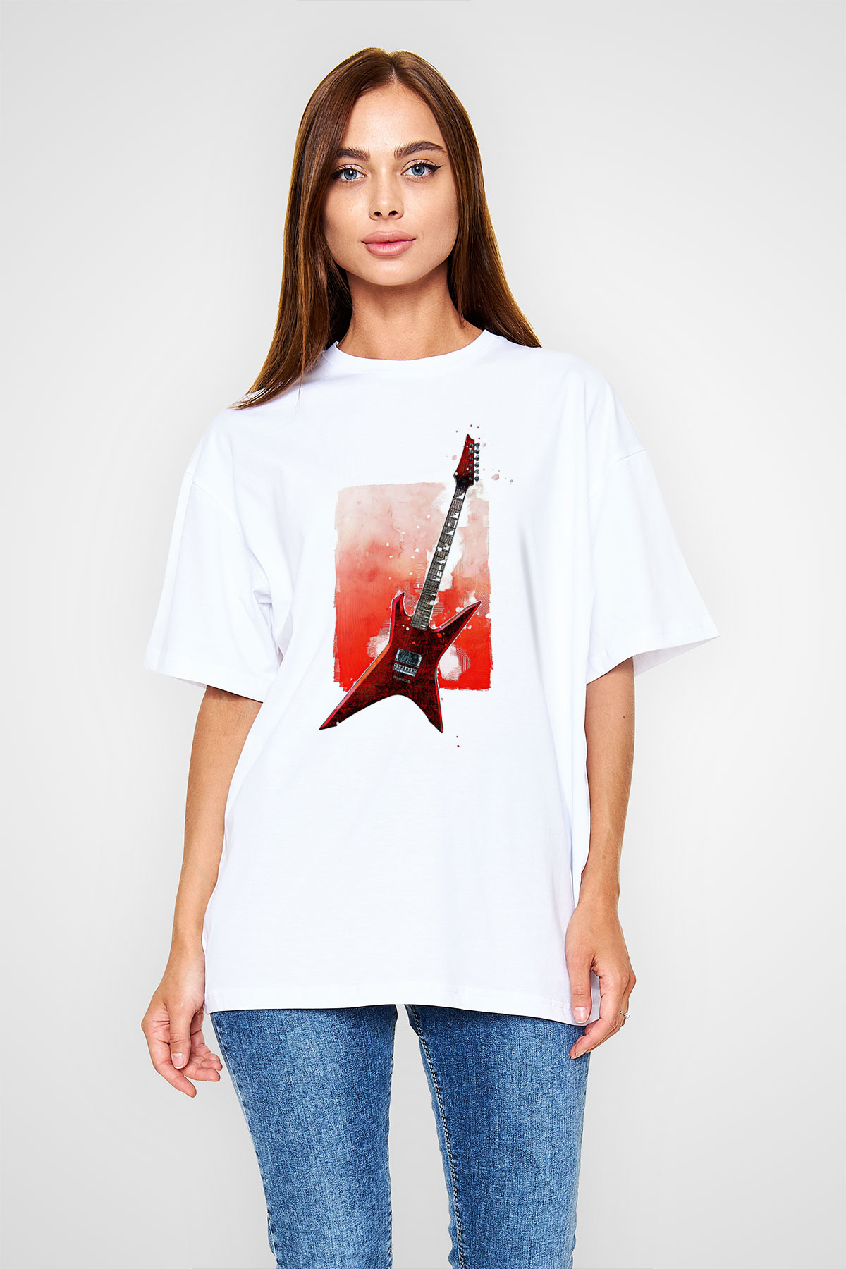 Elektro Gitar Baskılı Beyaz Unisex Oversize Tişört - Tshirt