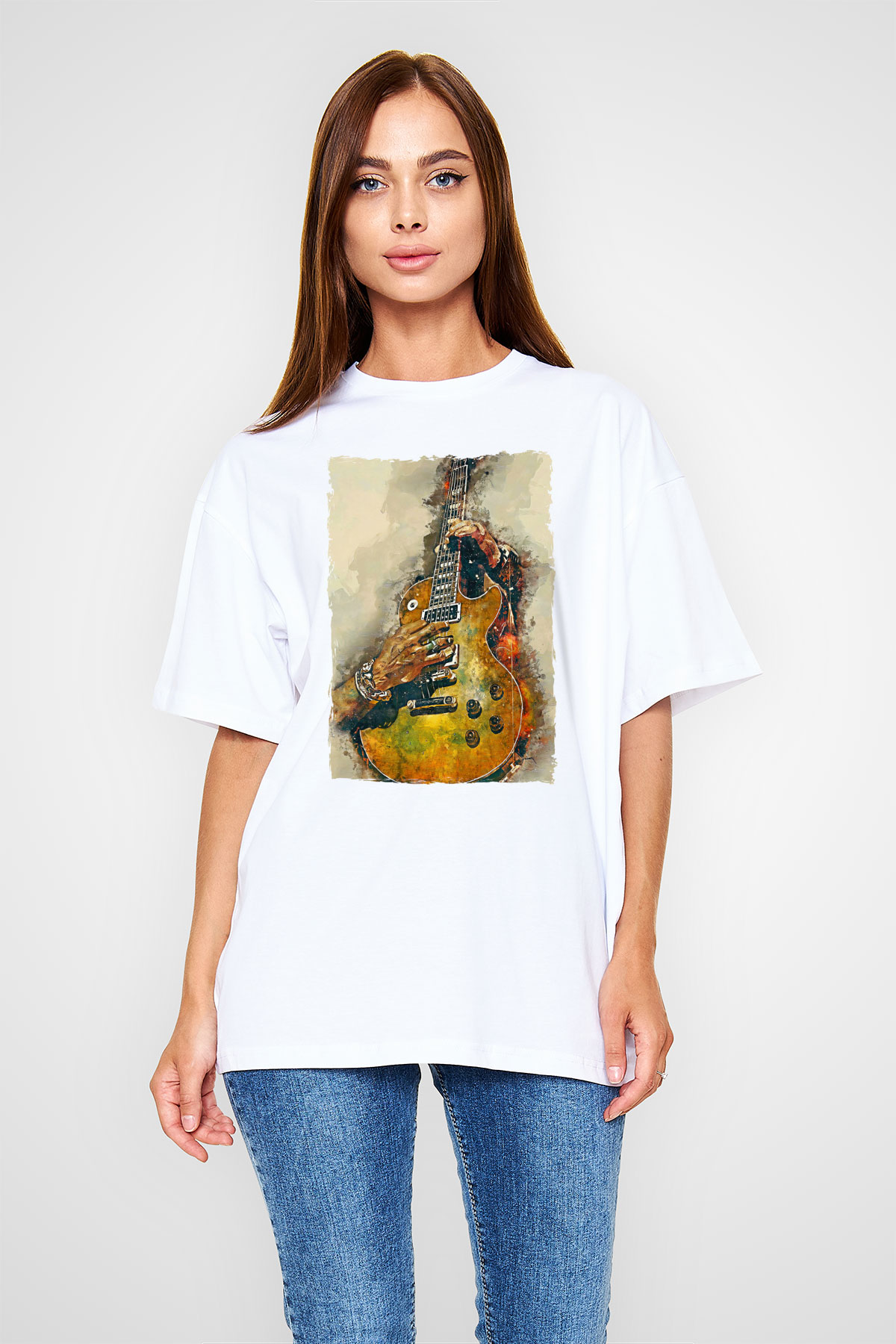Elektro Gitar Baskılı Beyaz Unisex Oversize Tişört - Tshirt
