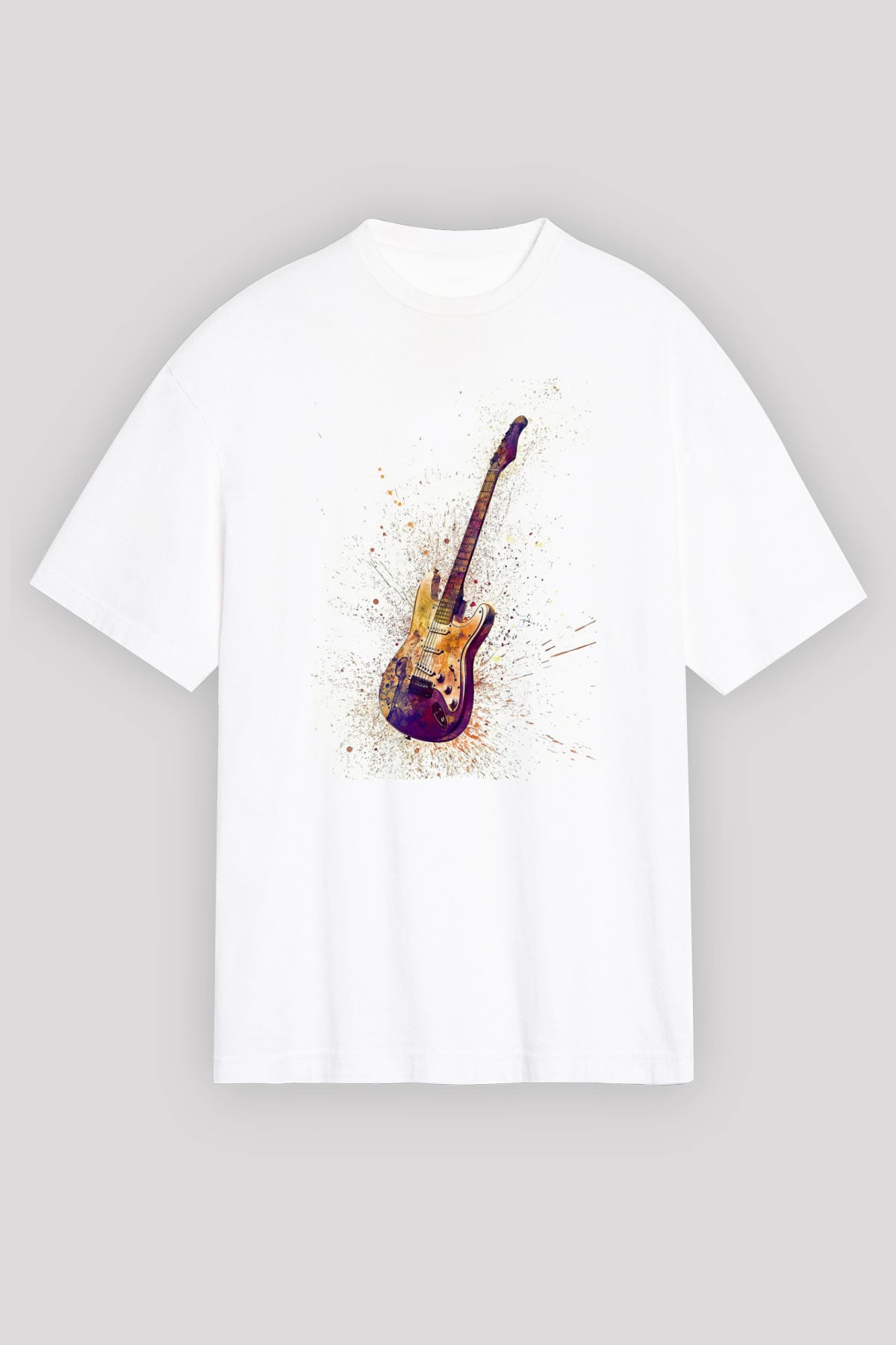 Elektro Gitar Baskılı Beyaz Unisex Oversize Tişört - Tshirt