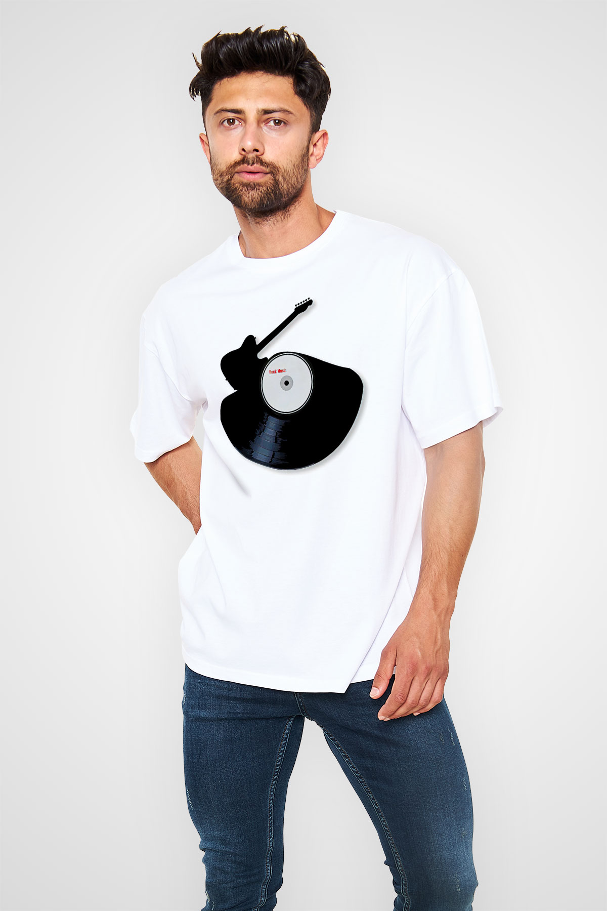 Elektro Gitar Baskılı Beyaz Unisex Oversize Tişört - Tshirt