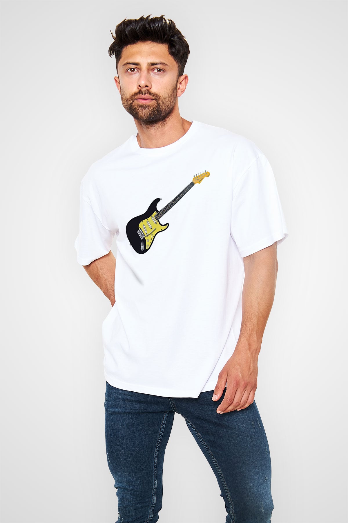 Elektro Gitar Baskılı Beyaz Unisex Oversize Tişört - Tshirt