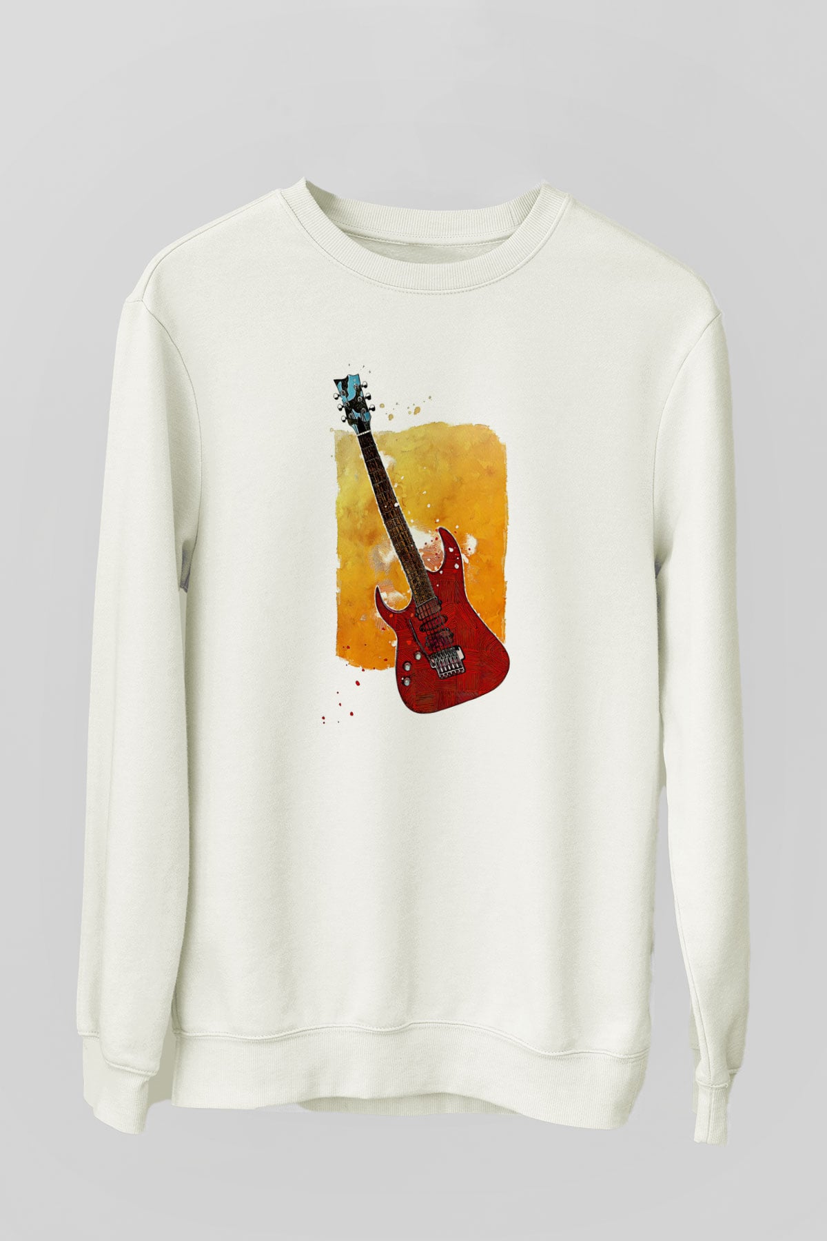 Elektro Gitar Baskılı Beyaz Unisex Sweatshirt