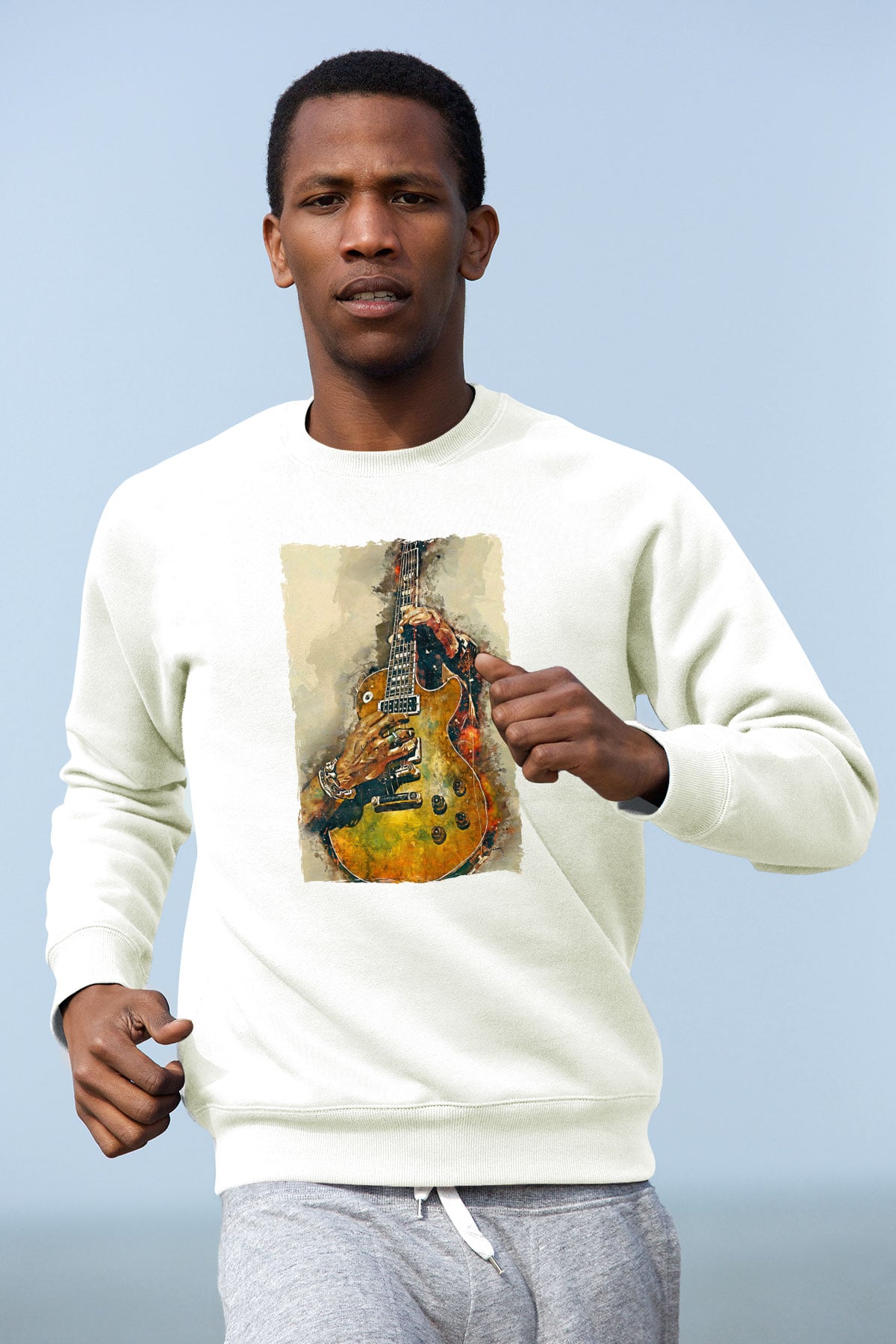 Elektro Gitar Baskılı Beyaz Unisex Sweatshirt