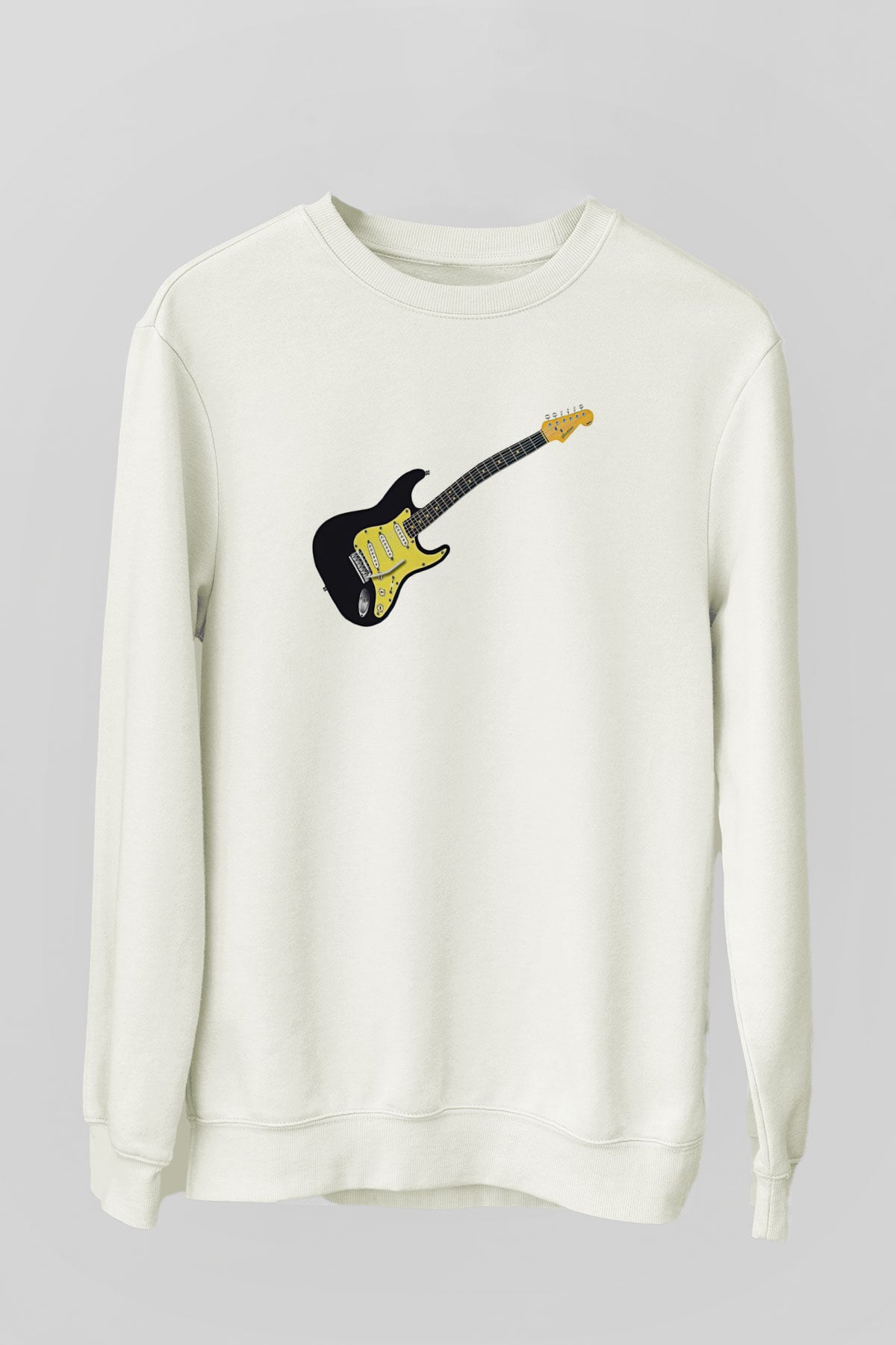 Elektro Gitar Baskılı Beyaz Unisex Sweatshirt