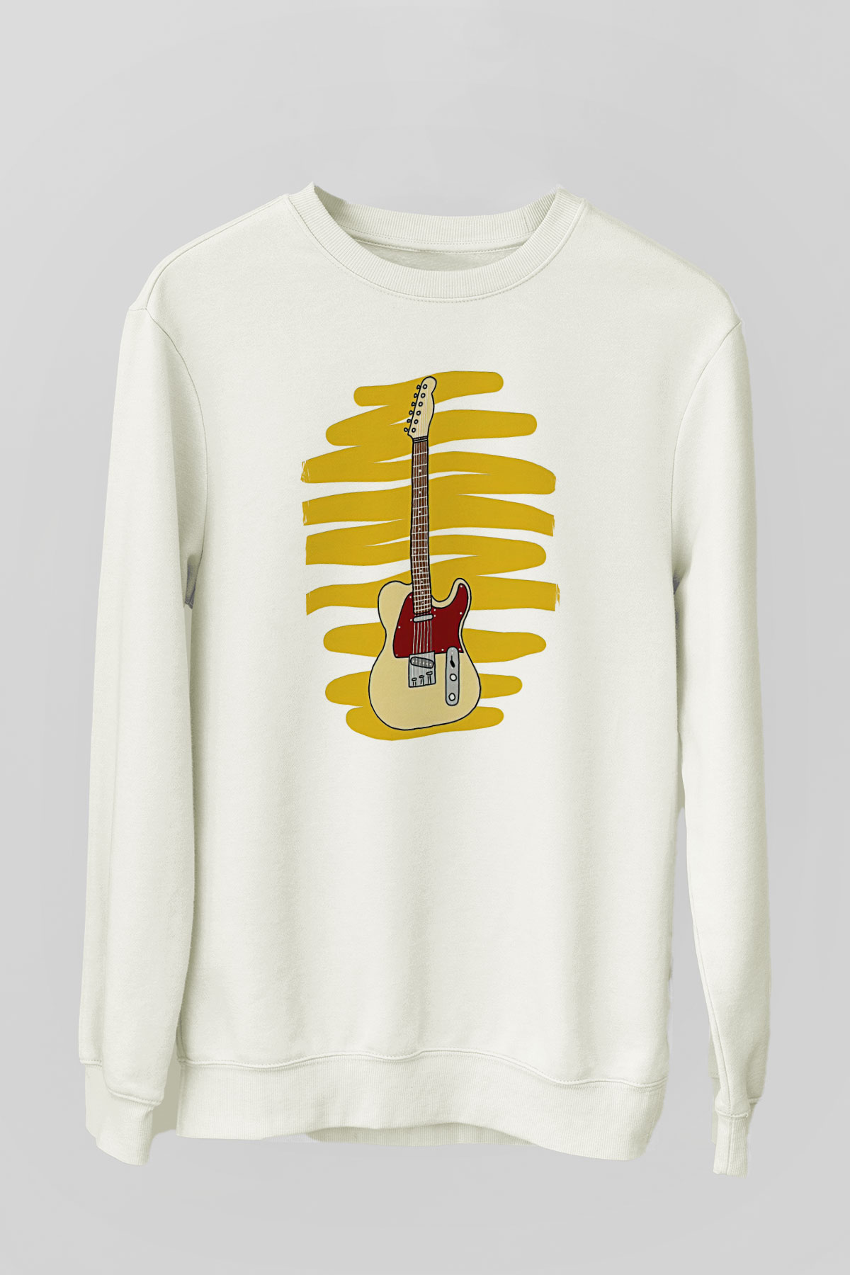 Elektro Gitar Baskılı Beyaz Unisex Sweatshirt