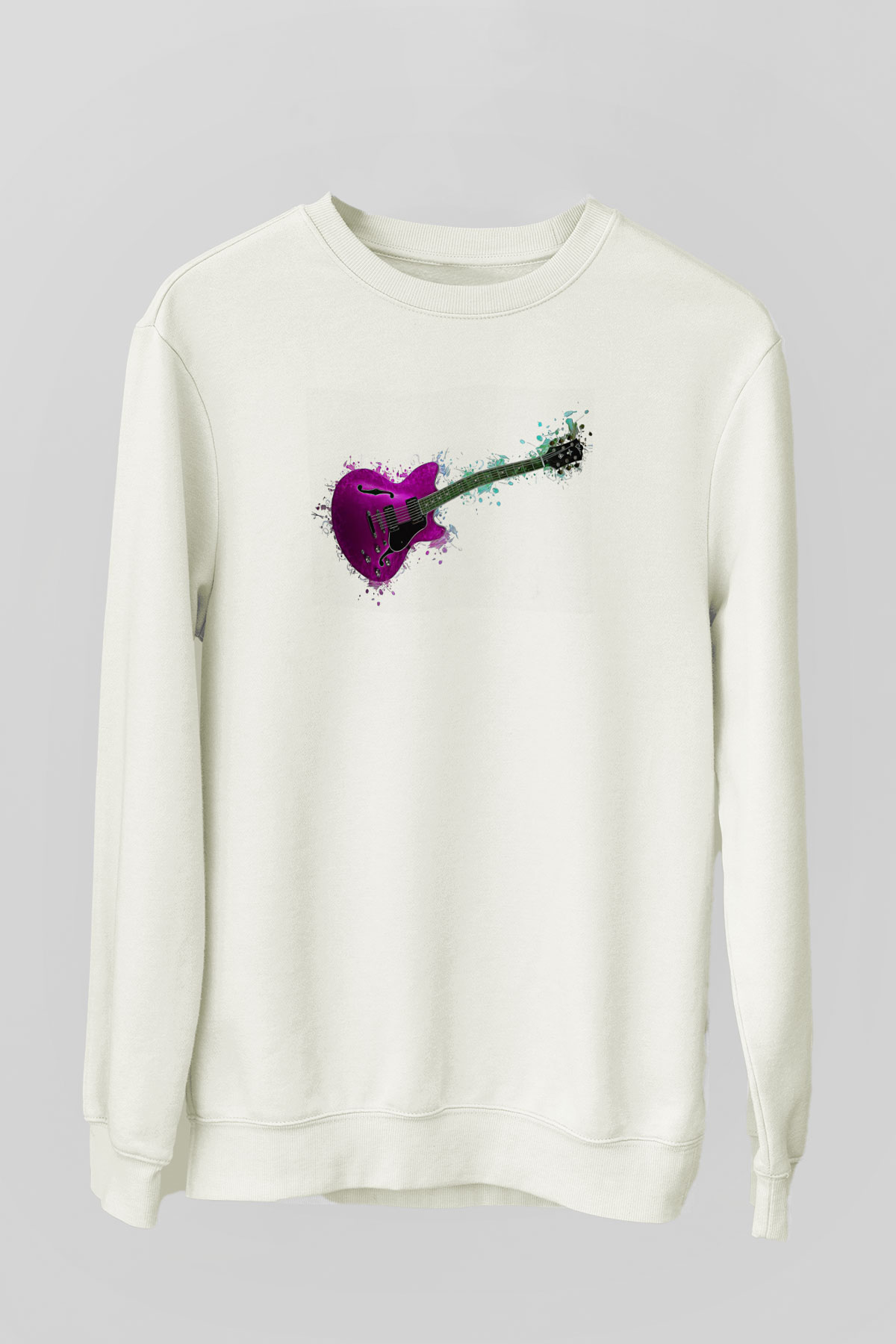 Elektro Gitar Baskılı Beyaz Unisex Sweatshirt