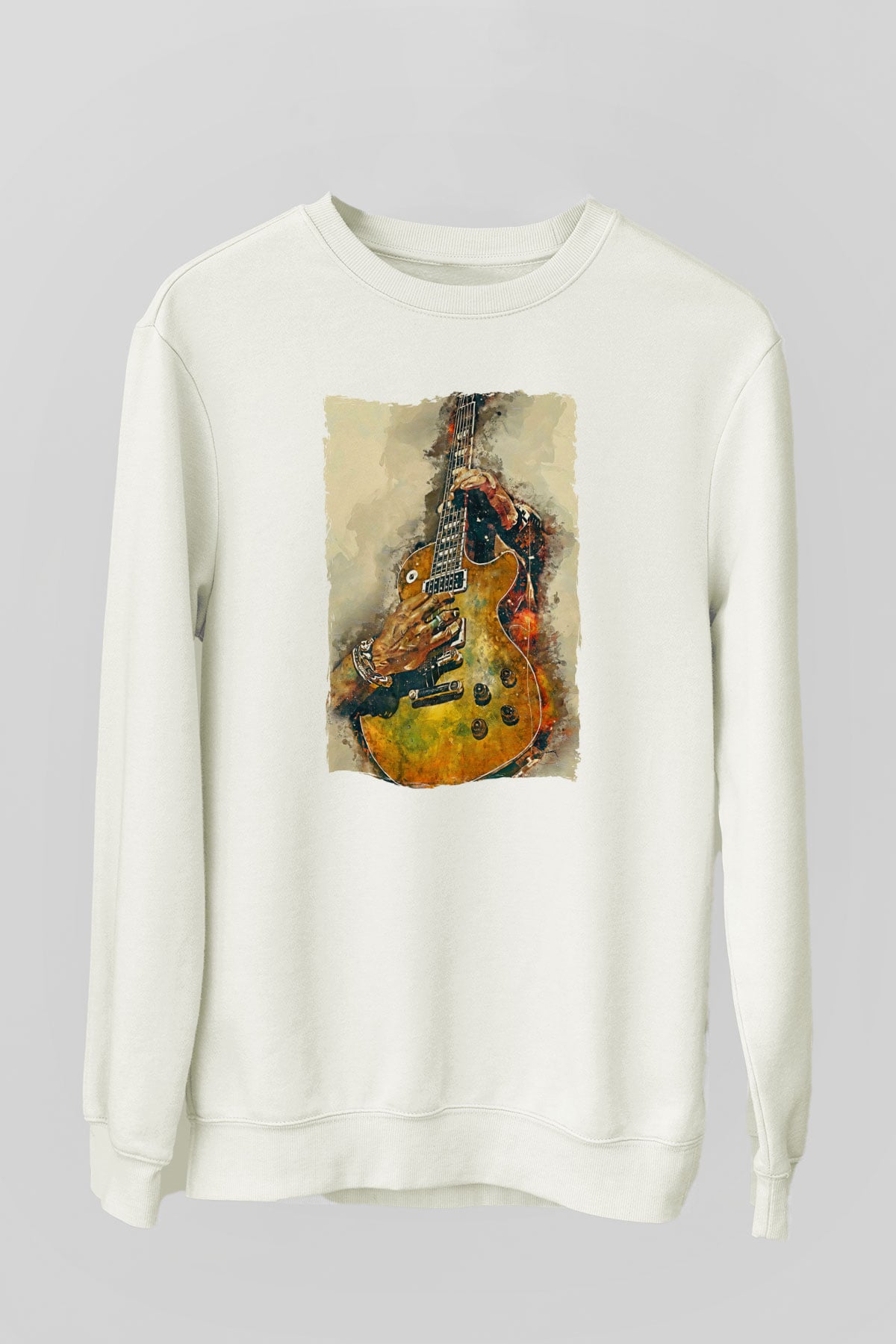 Elektro Gitar Baskılı Beyaz Unisex Sweatshirt