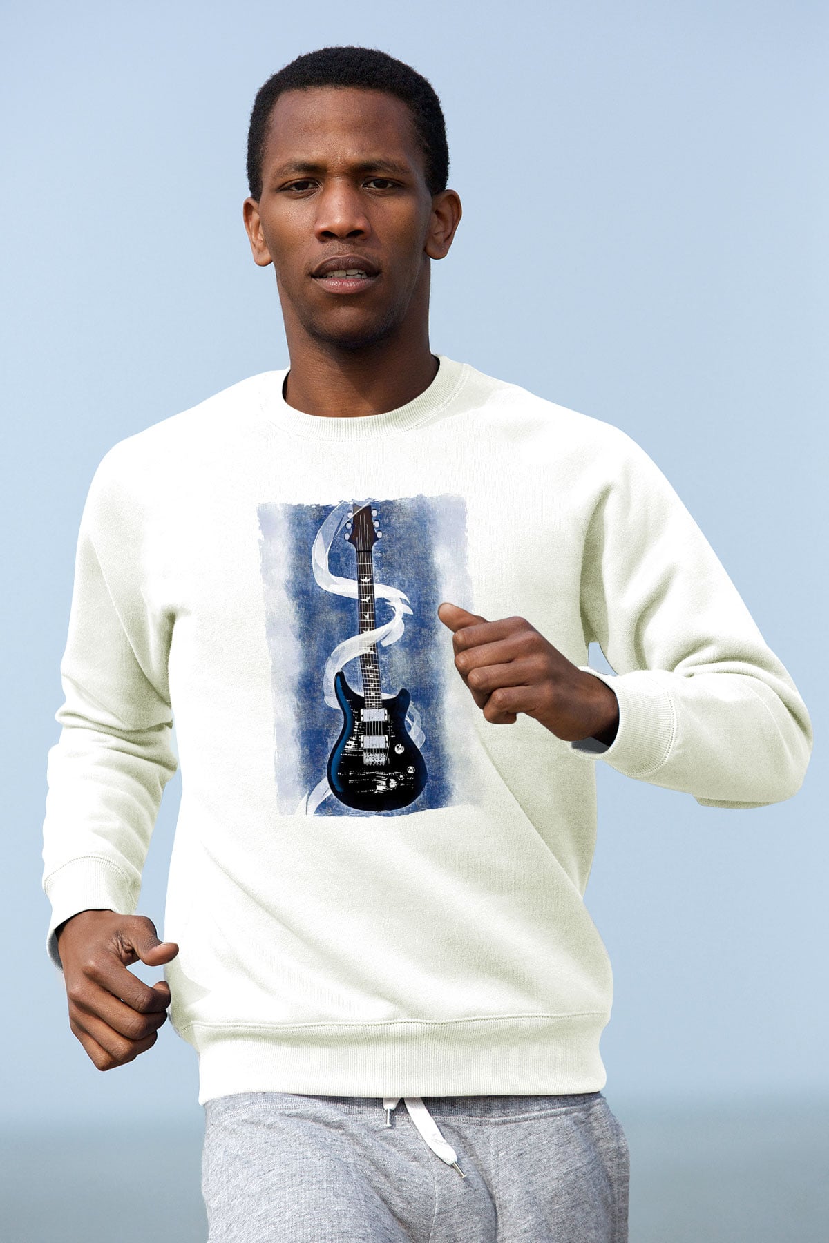 Elektro Gitar Baskılı Beyaz Unisex Sweatshirt