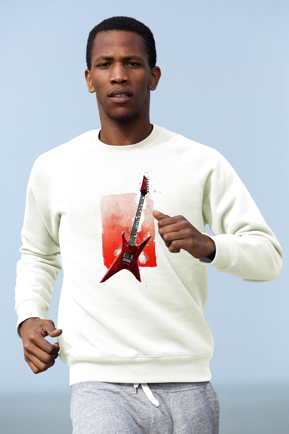 Elektro Gitar Baskılı Beyaz Unisex Sweatshirt