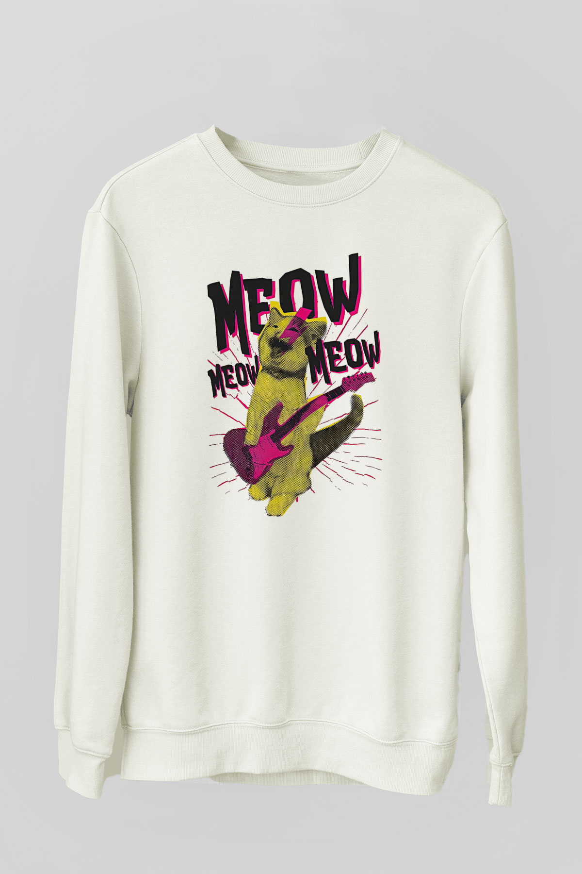 Elektro Gitar Baskılı Beyaz Unisex Sweatshirt