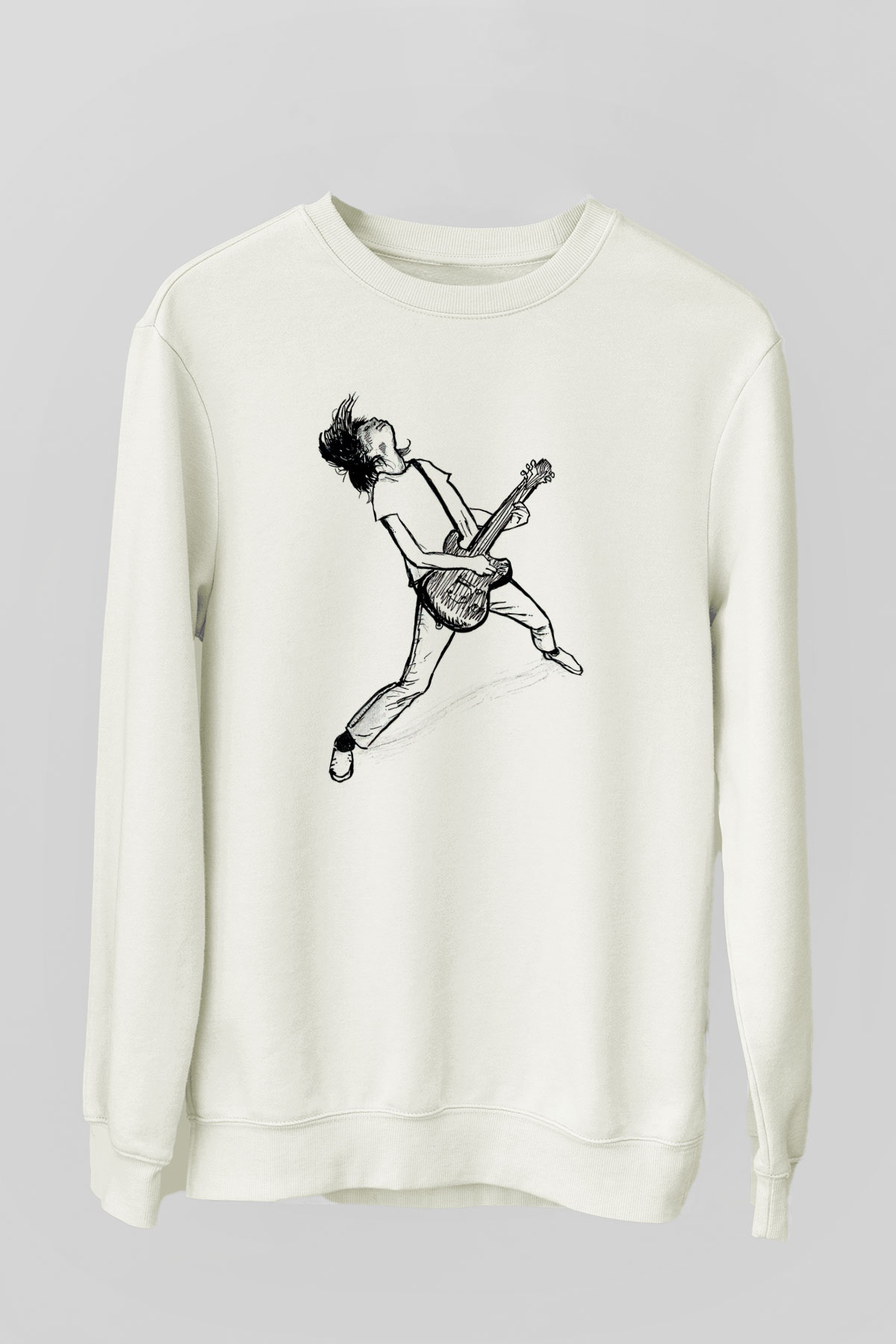 Elektro Gitar Baskılı Beyaz Unisex Sweatshirt