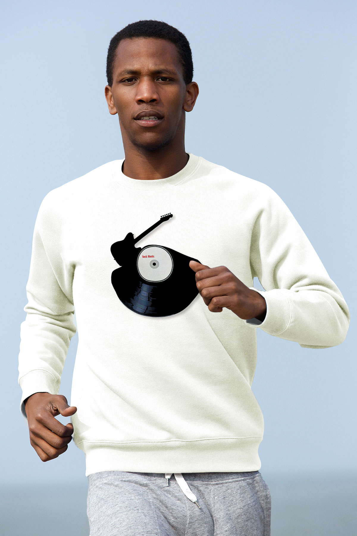 Elektro Gitar Baskılı Beyaz Unisex Sweatshirt