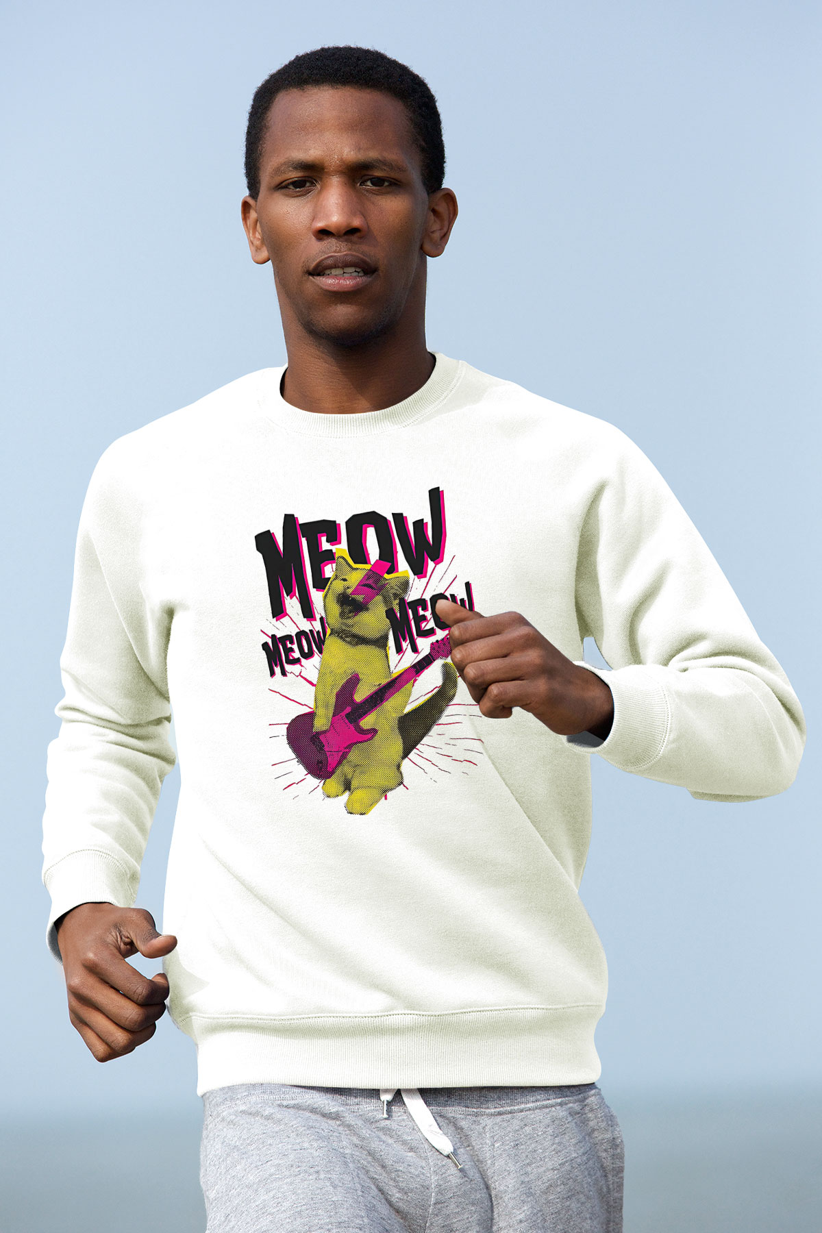 Elektro Gitar Baskılı Beyaz Unisex Sweatshirt