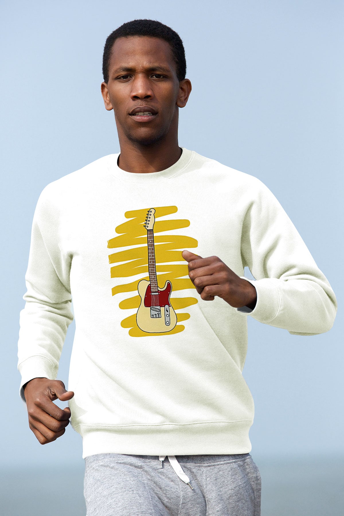 Elektro Gitar Baskılı Beyaz Unisex Sweatshirt