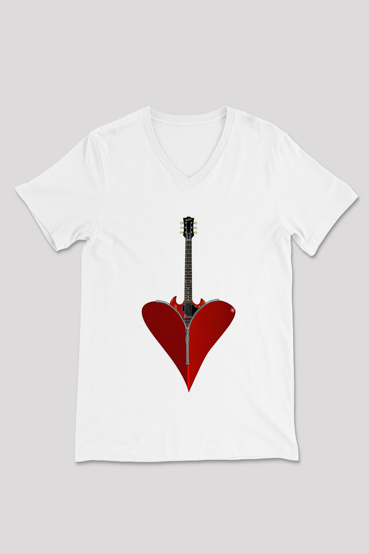 Elektro Gitar Baskılı Beyaz Unisex V Yaka Tişört - Tshirt