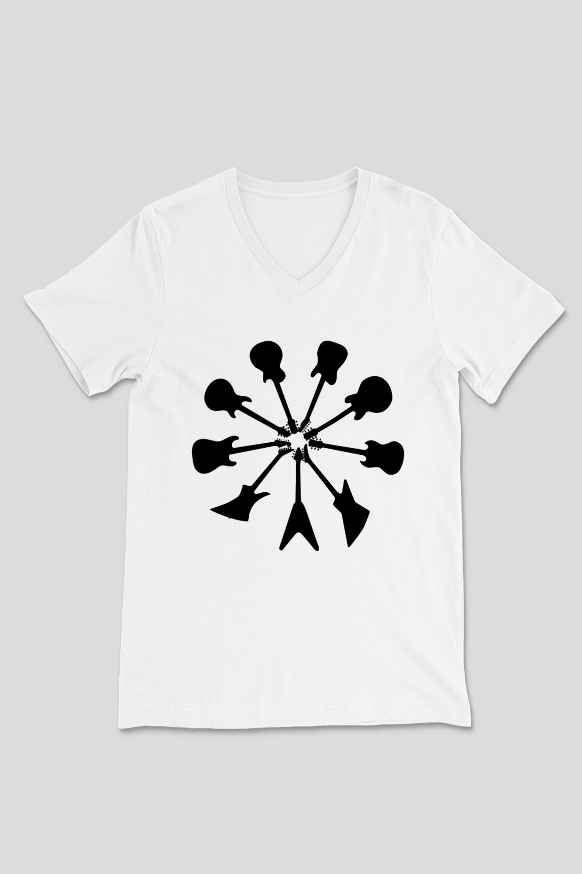 Elektro Gitar Baskılı Beyaz Unisex V Yaka Tişört - Tshirt