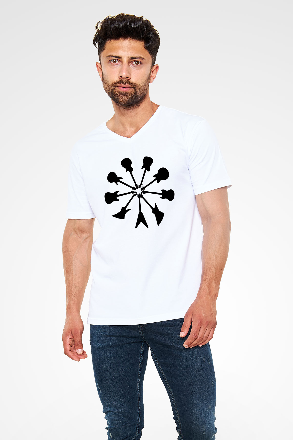 Elektro Gitar Baskılı Beyaz Unisex V Yaka Tişört - Tshirt