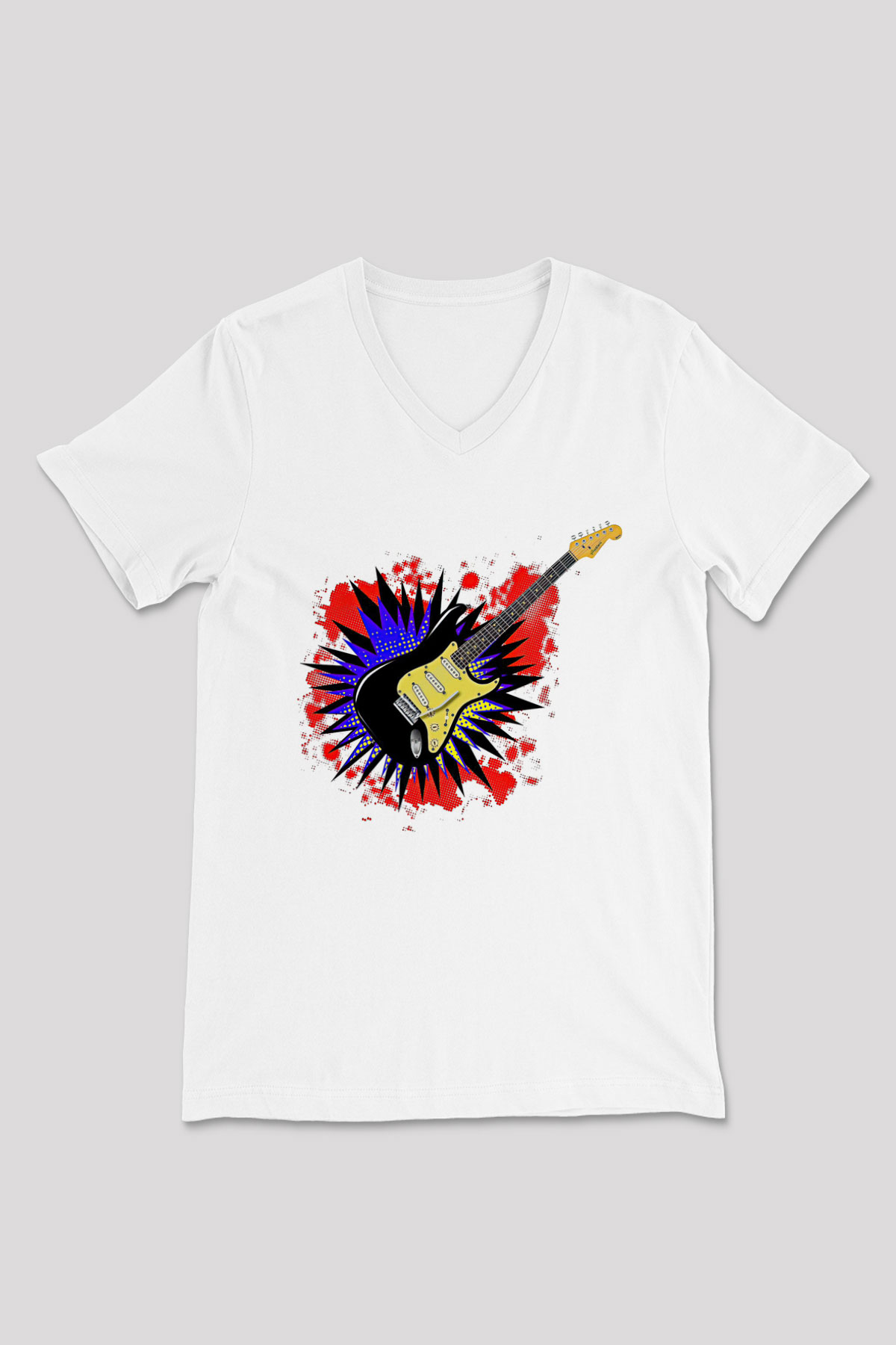 Elektro Gitar Baskılı Beyaz Unisex V Yaka Tişört - Tshirt