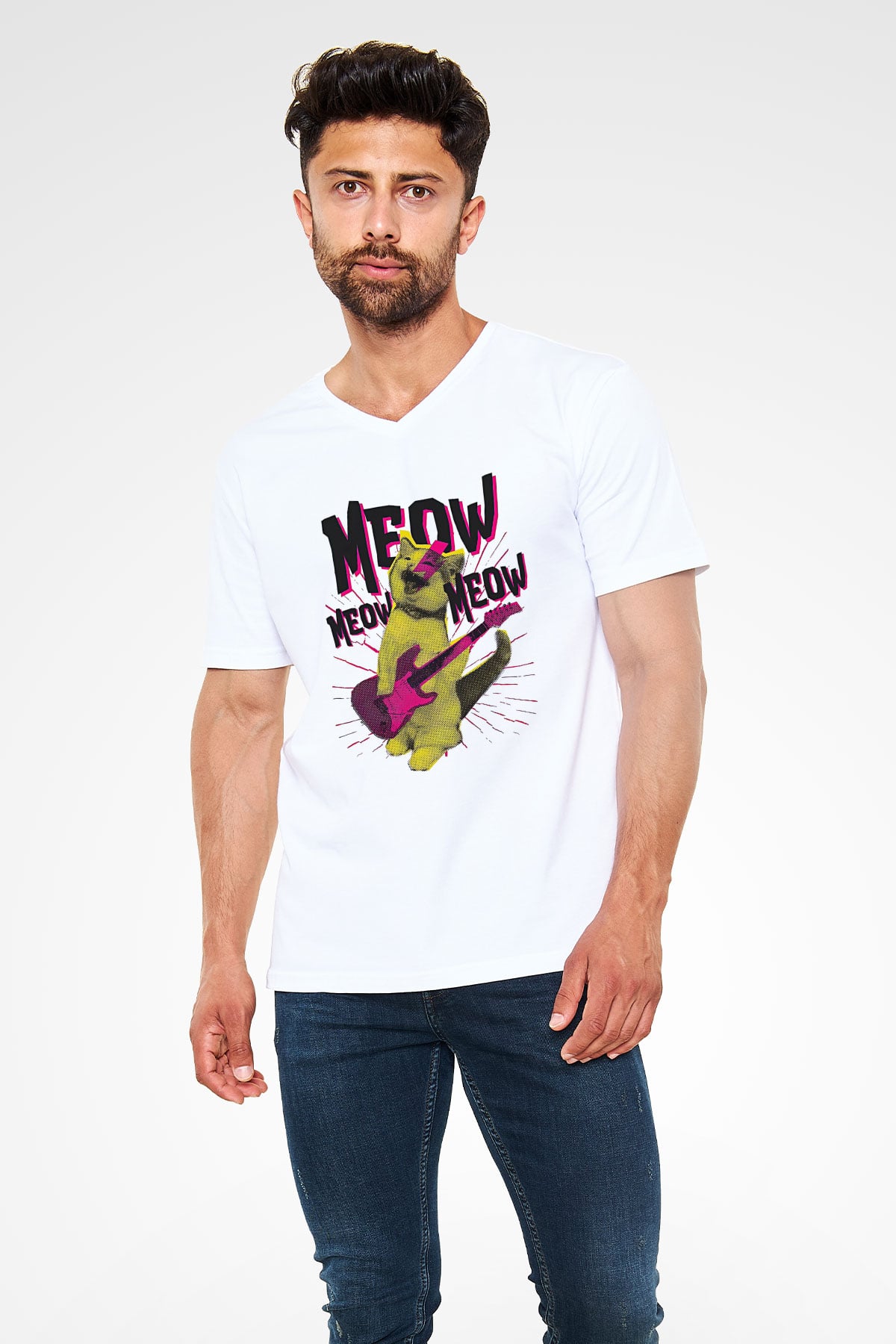 Elektro Gitar Baskılı Beyaz Unisex V Yaka Tişört - Tshirt