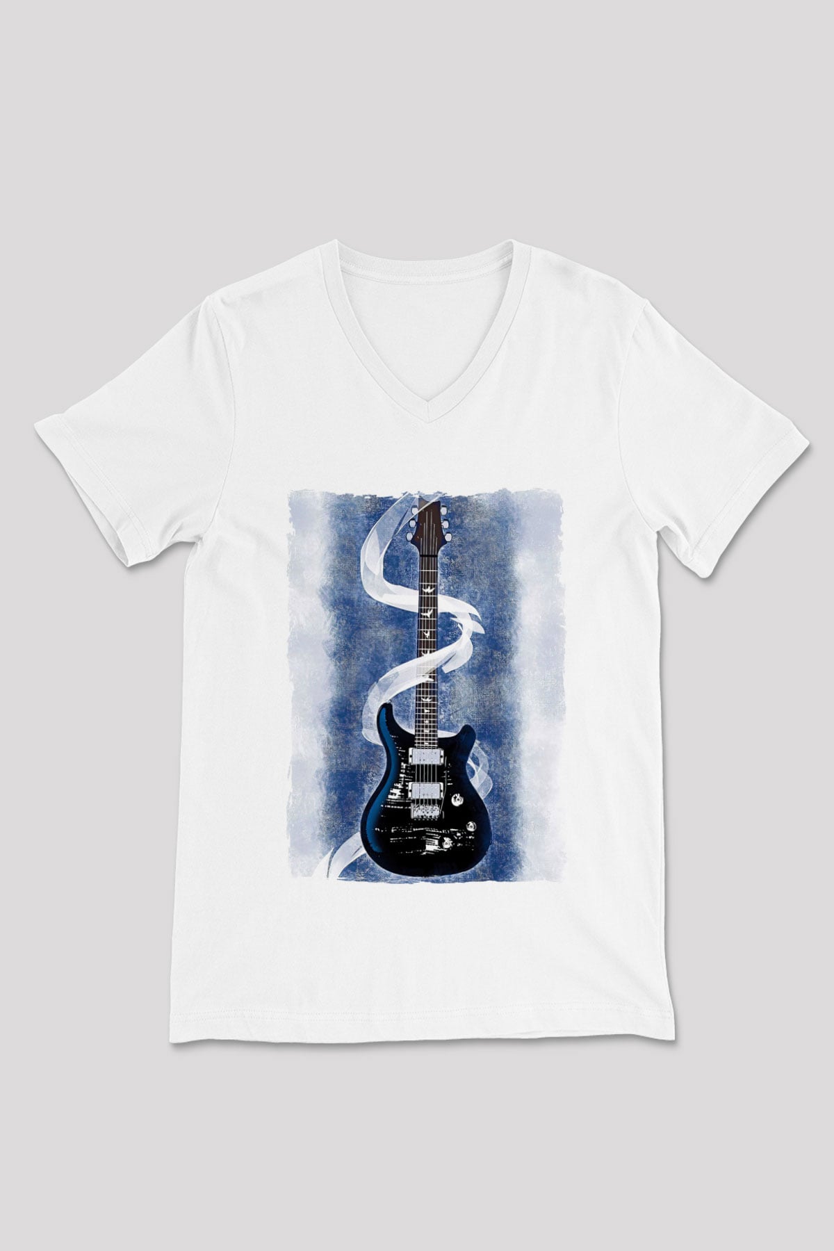 Elektro Gitar Baskılı Beyaz Unisex V Yaka Tişört - Tshirt