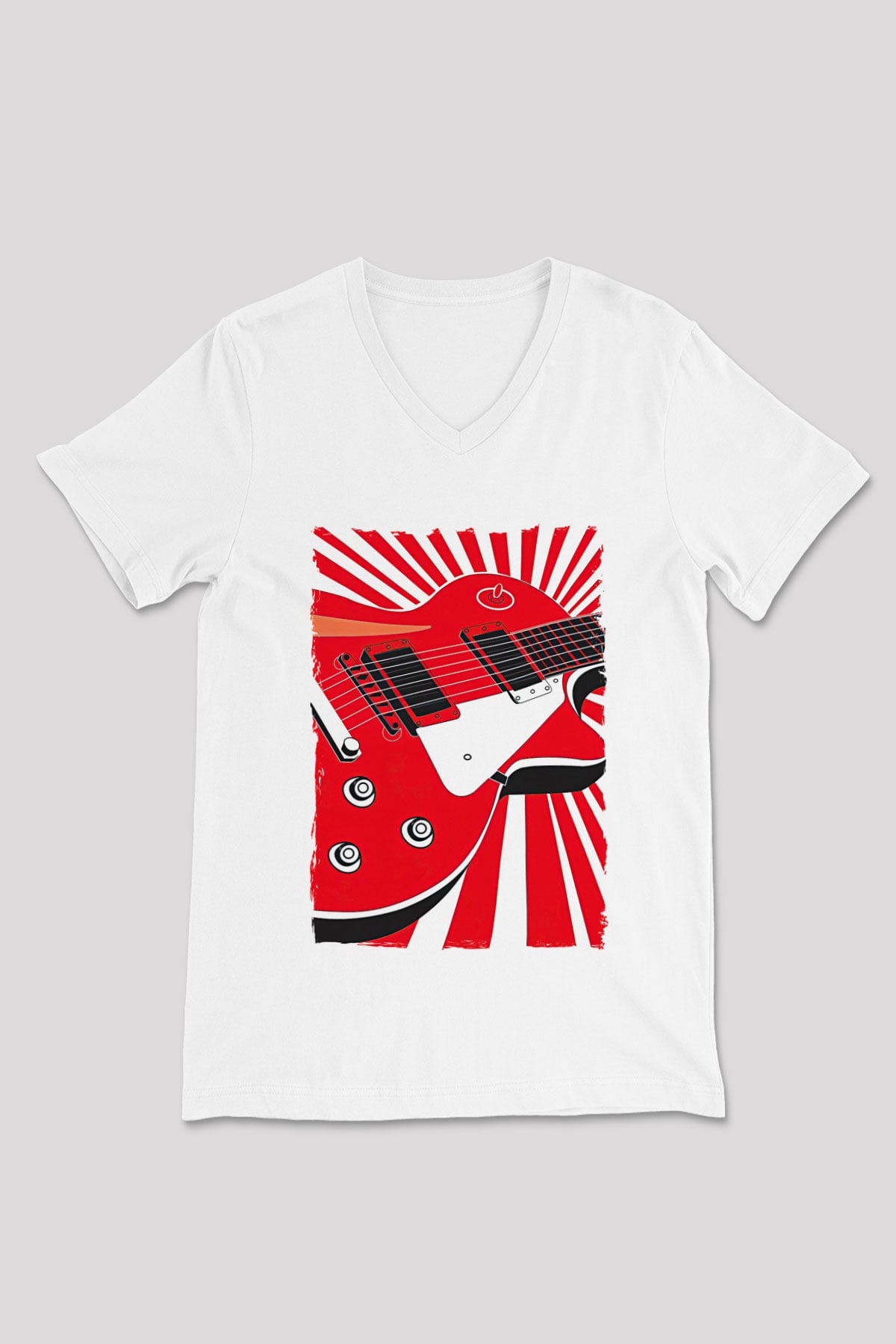 Elektro Gitar Baskılı Beyaz Unisex V Yaka Tişört - Tshirt