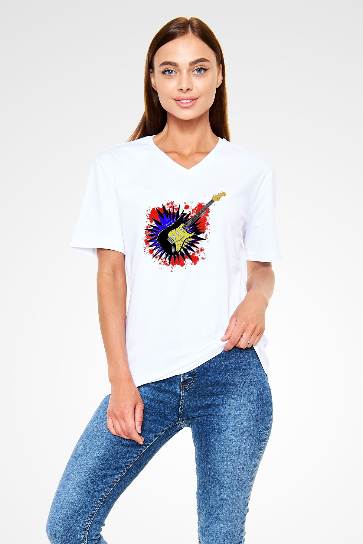 Elektro Gitar Baskılı Beyaz Unisex V Yaka Tişört - Tshirt