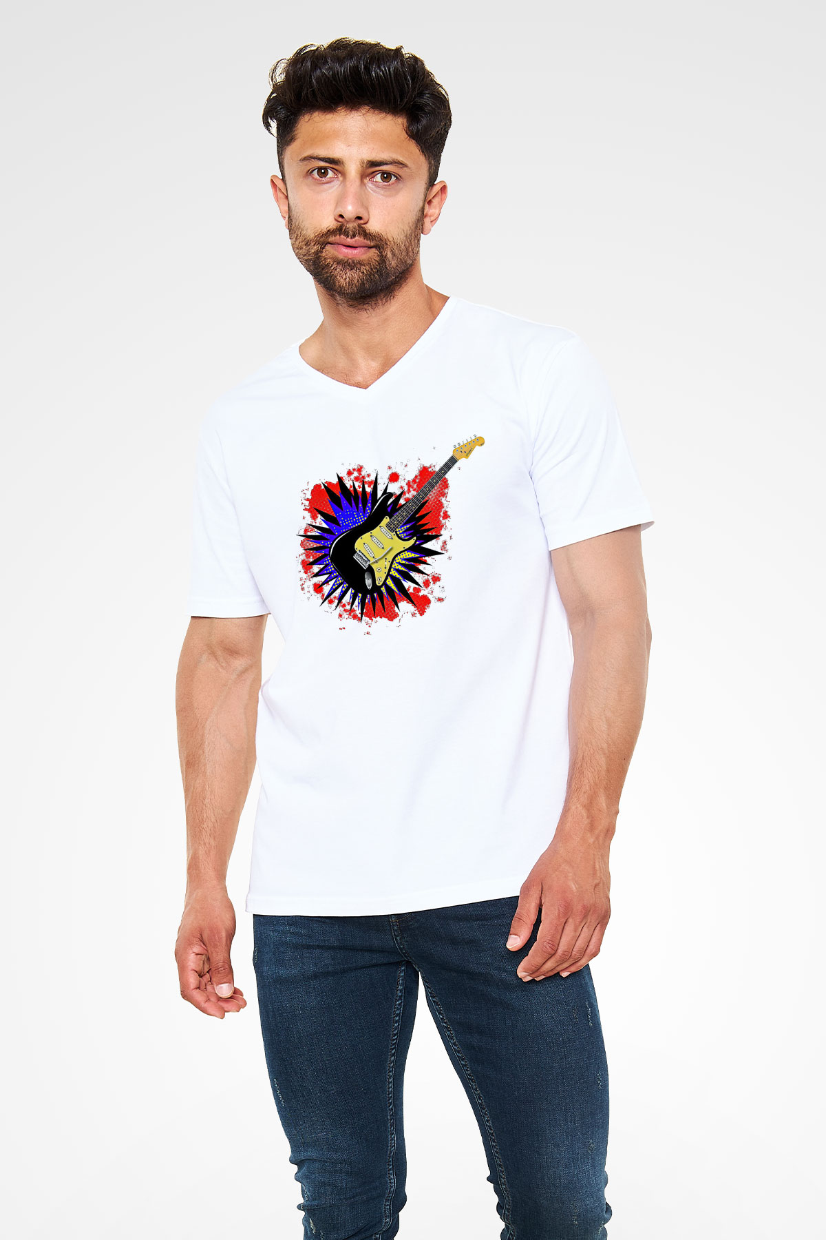 Elektro Gitar Baskılı Beyaz Unisex V Yaka Tişört - Tshirt