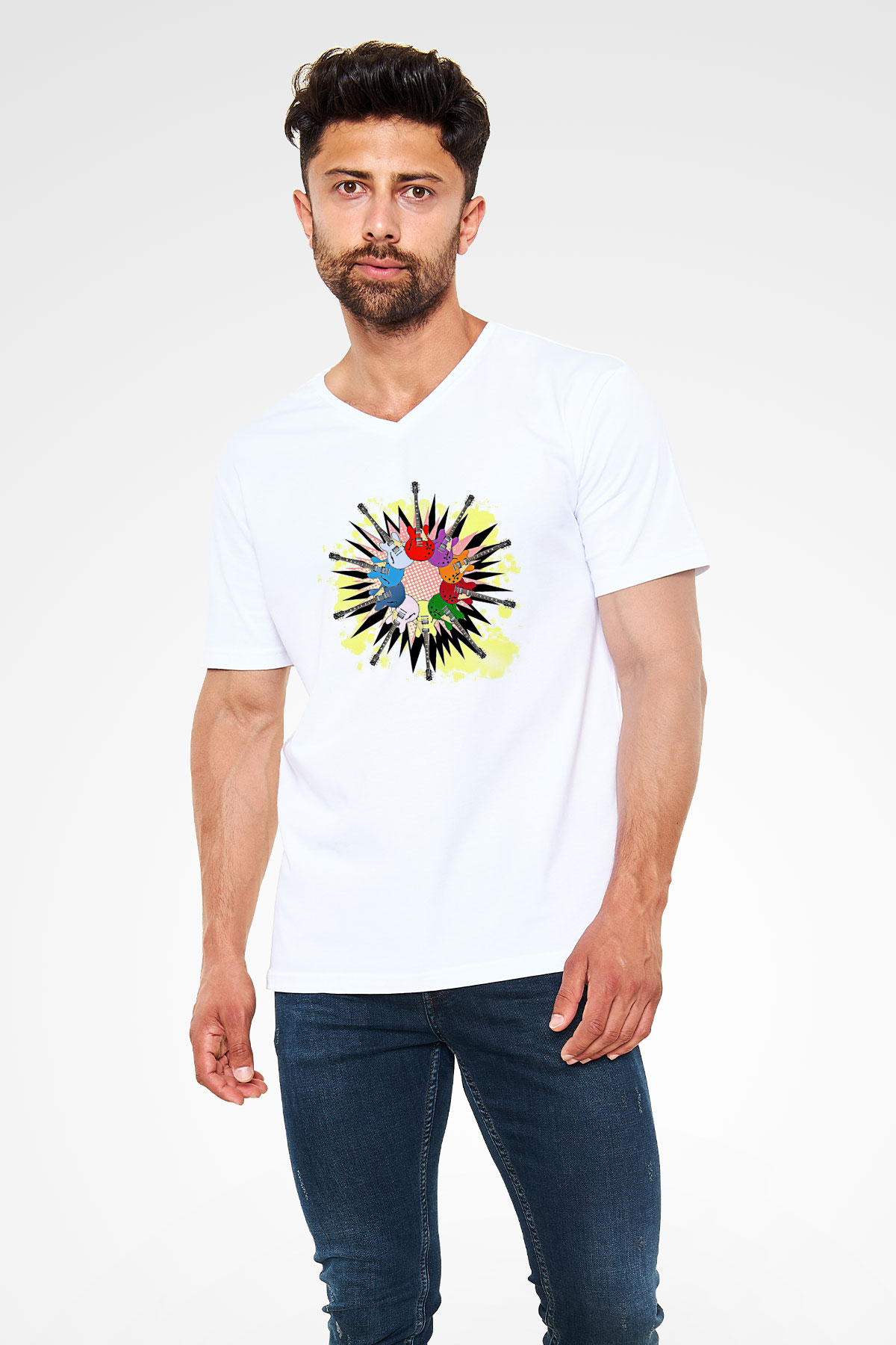 Elektro Gitar Baskılı Beyaz Unisex V Yaka Tişört - Tshirt