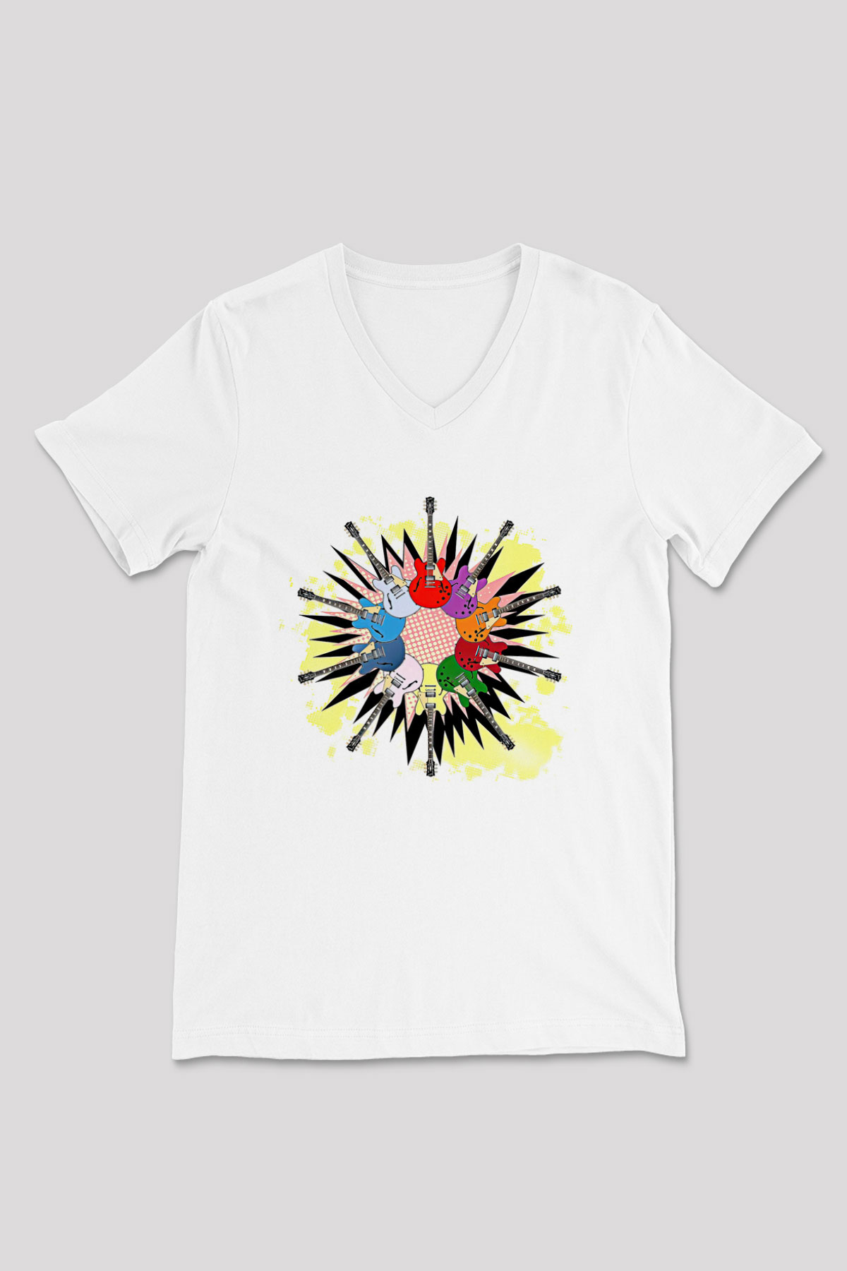 Elektro Gitar Baskılı Beyaz Unisex V Yaka Tişört - Tshirt