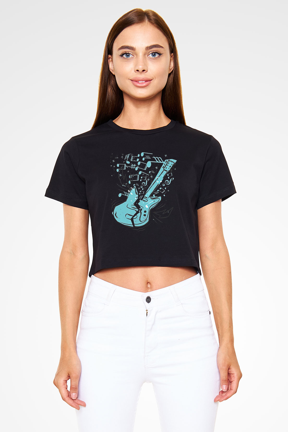 Elektro Gitar Baskılı Siyah Crop Top Kadın Tişört - Tshirt
