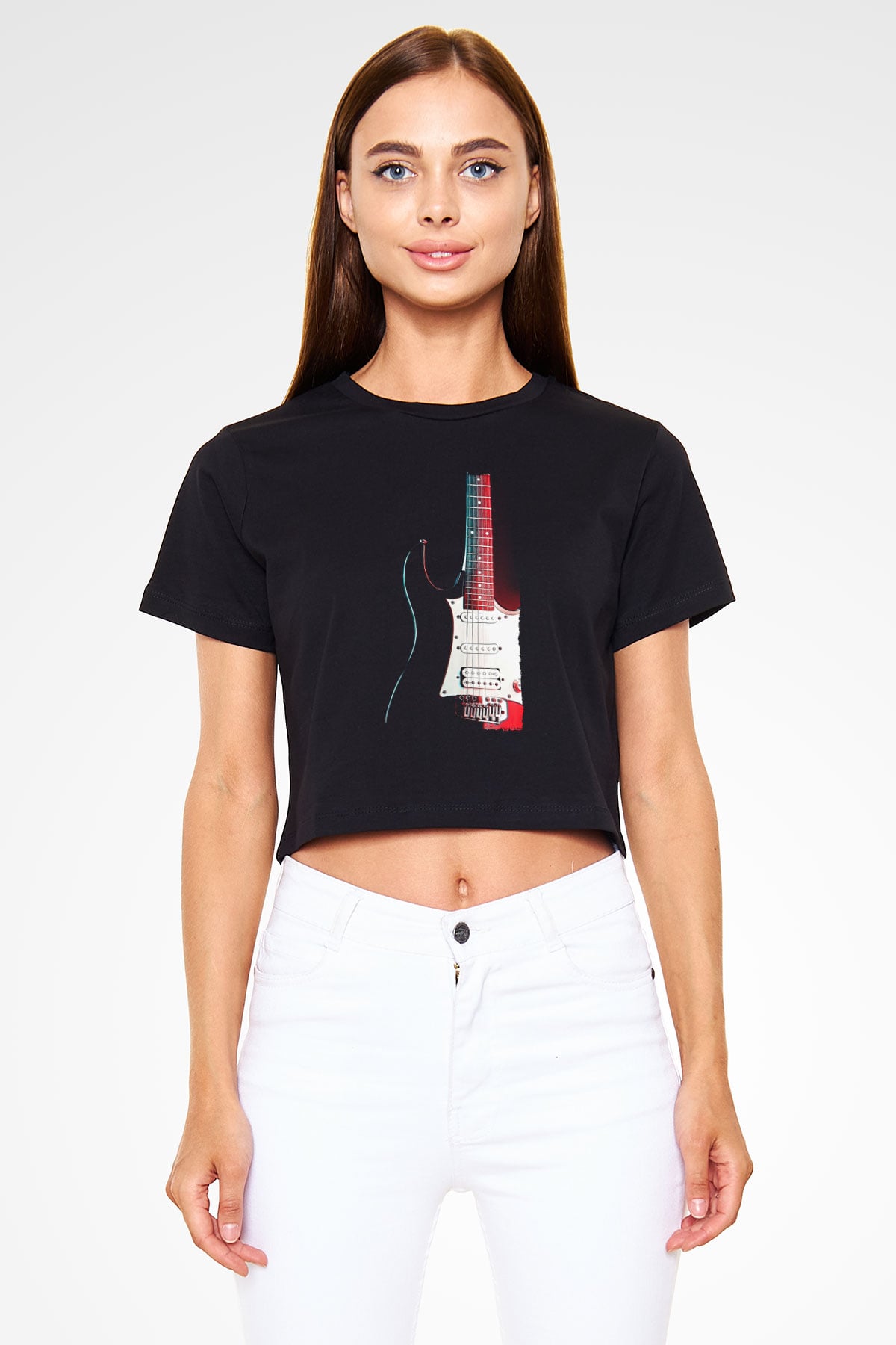 Elektro Gitar Baskılı Siyah Crop Top Kadın Tişört - Tshirt