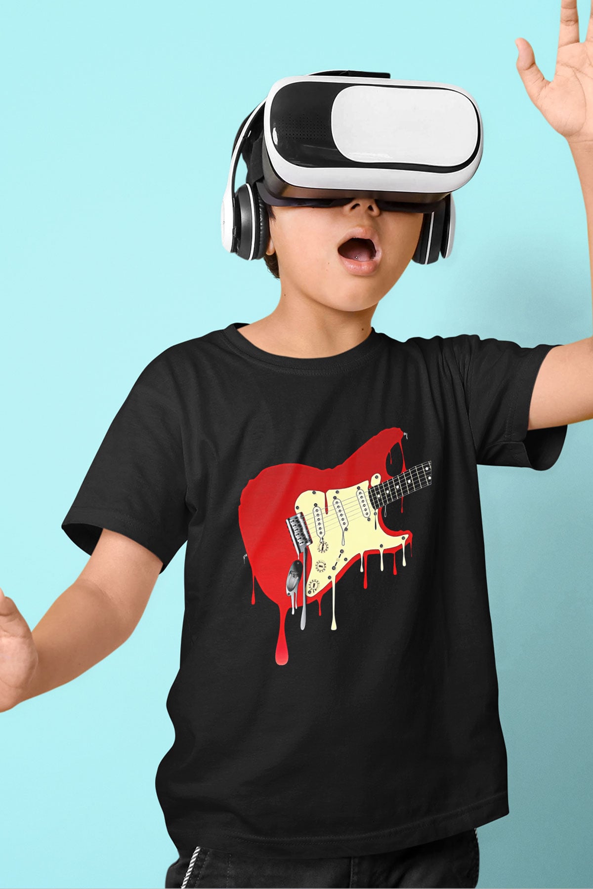 Elektro Gitar Baskılı Unisex Siyah Çocuk Tişört - Tshirt