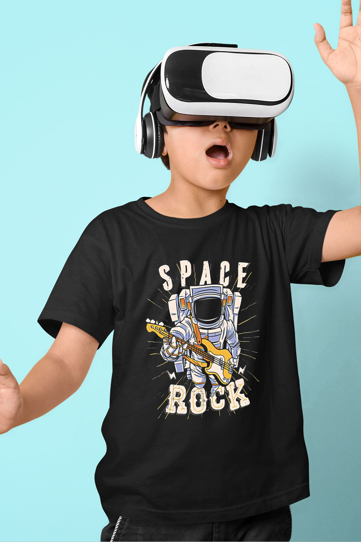 Elektro Gitar Baskılı Unisex Siyah Çocuk Tişört - Tshirt