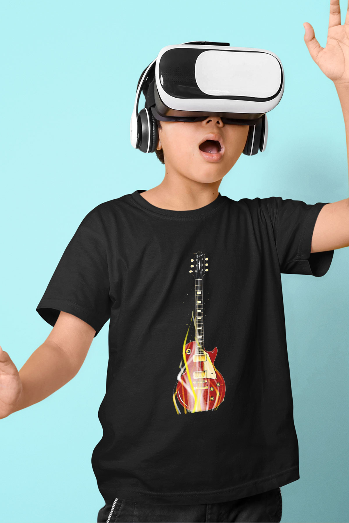 Elektro Gitar Baskılı Unisex Siyah Çocuk Tişört - Tshirt