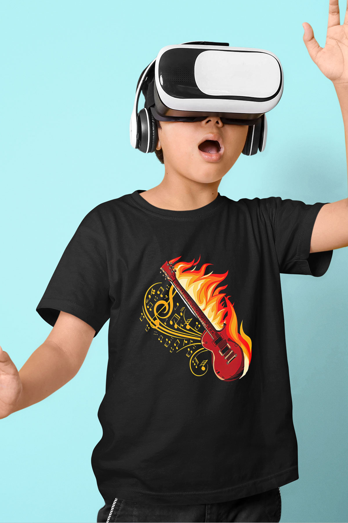 Elektro Gitar Baskılı Unisex Siyah Çocuk Tişört - Tshirt
