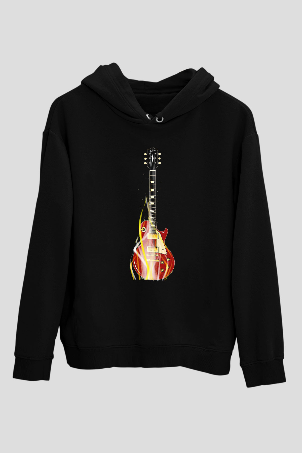 Elektro Gitar Baskılı Unisex Siyah Hoodie