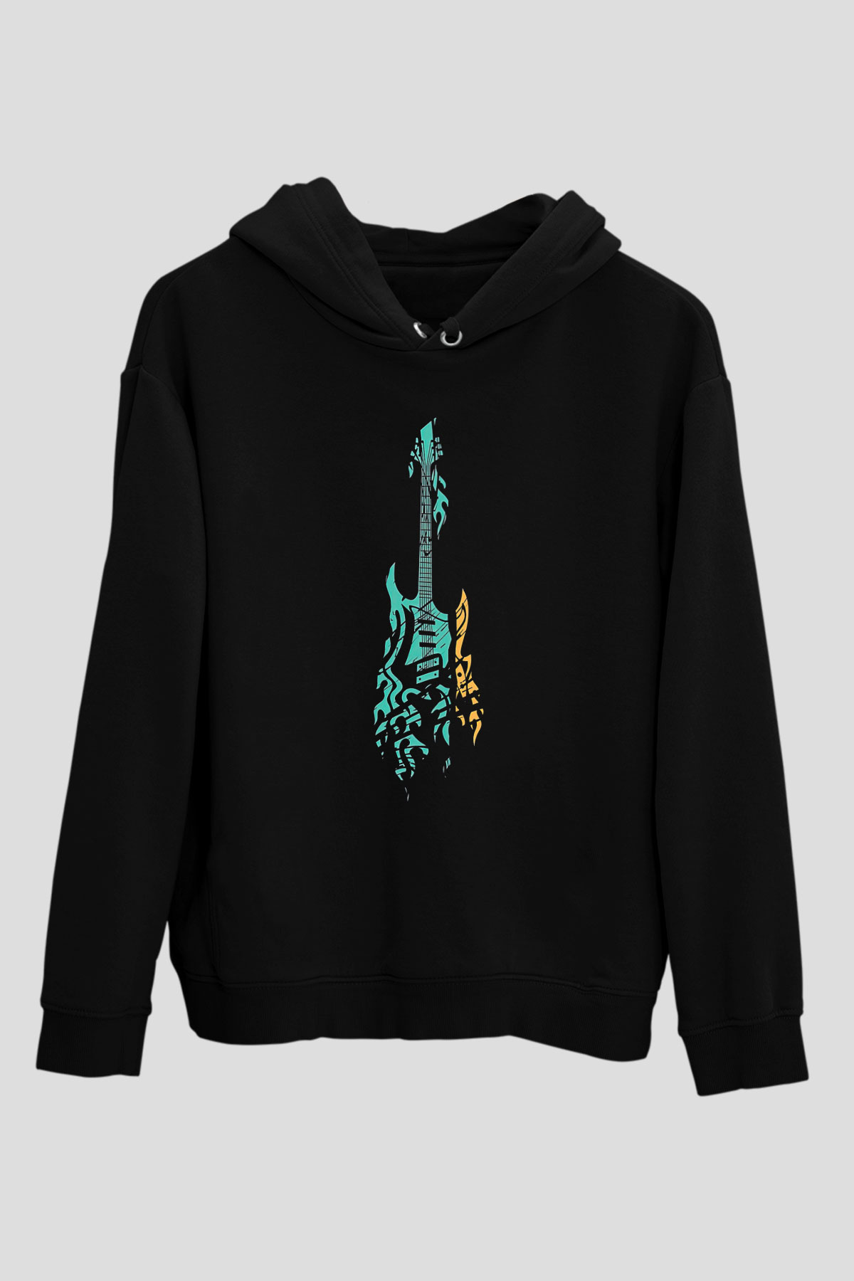 Elektro Gitar Baskılı Unisex Siyah Hoodie