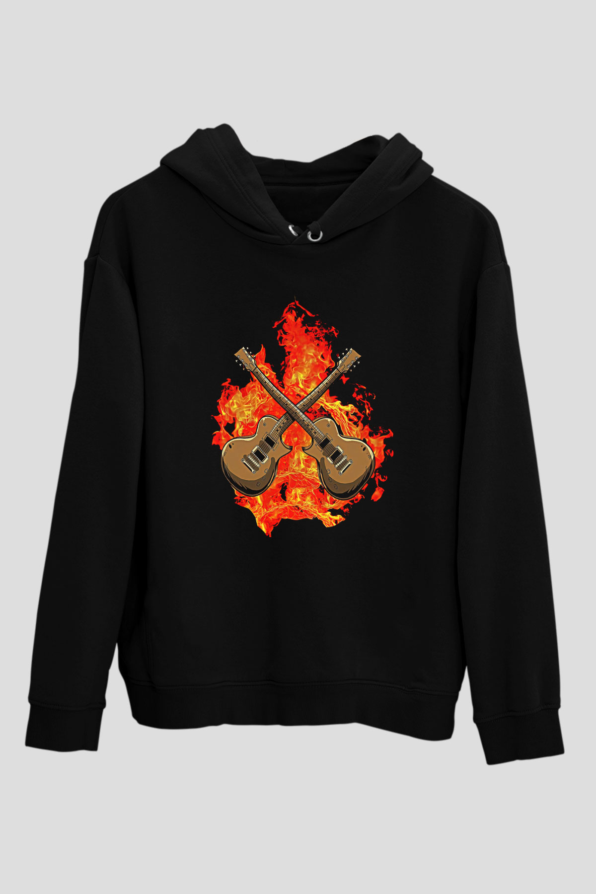 Elektro Gitar Baskılı Unisex Siyah Hoodie