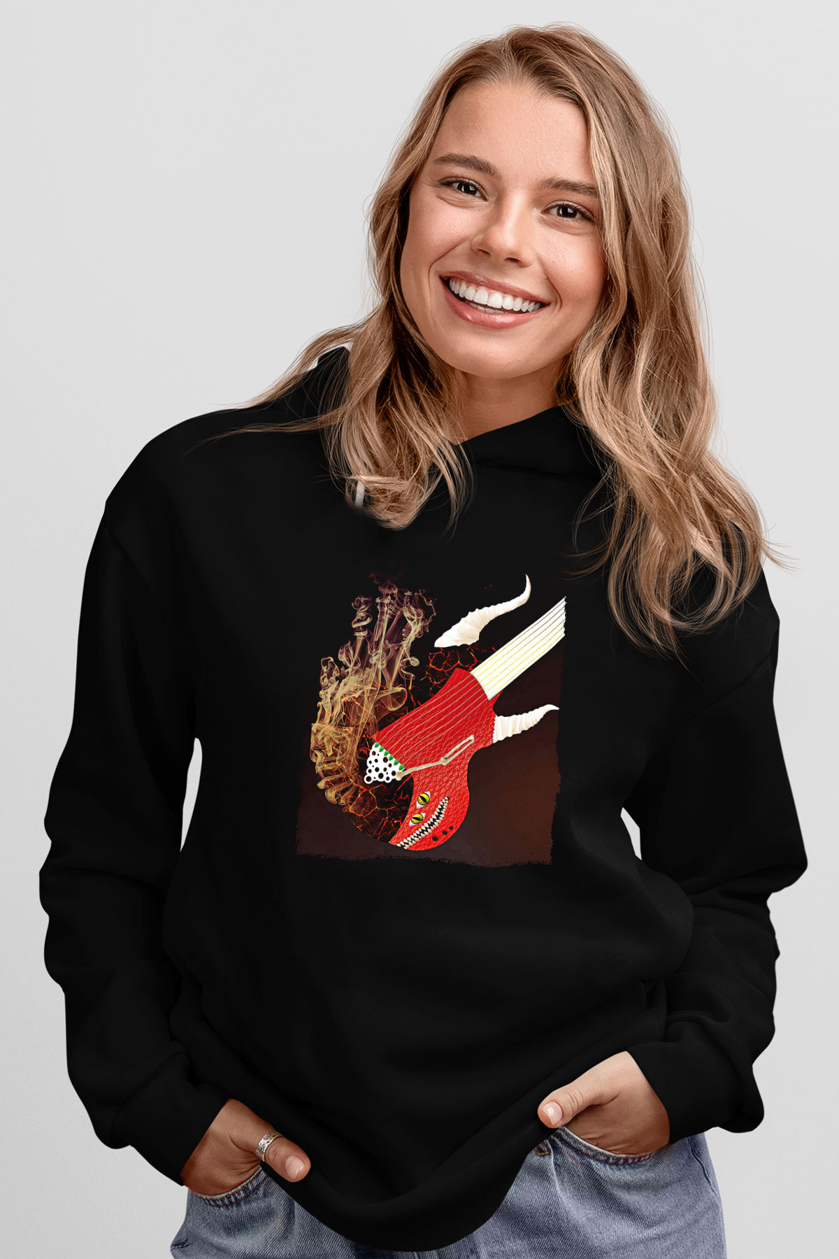 Elektro Gitar Baskılı Unisex Siyah Hoodie
