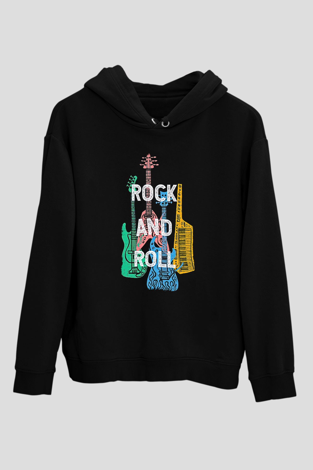 Elektro Gitar Baskılı Unisex Siyah Hoodie