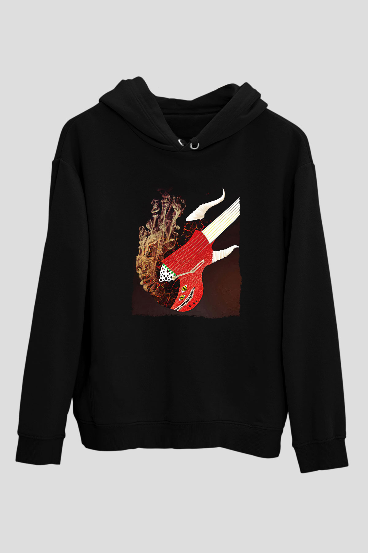 Elektro Gitar Baskılı Unisex Siyah Hoodie