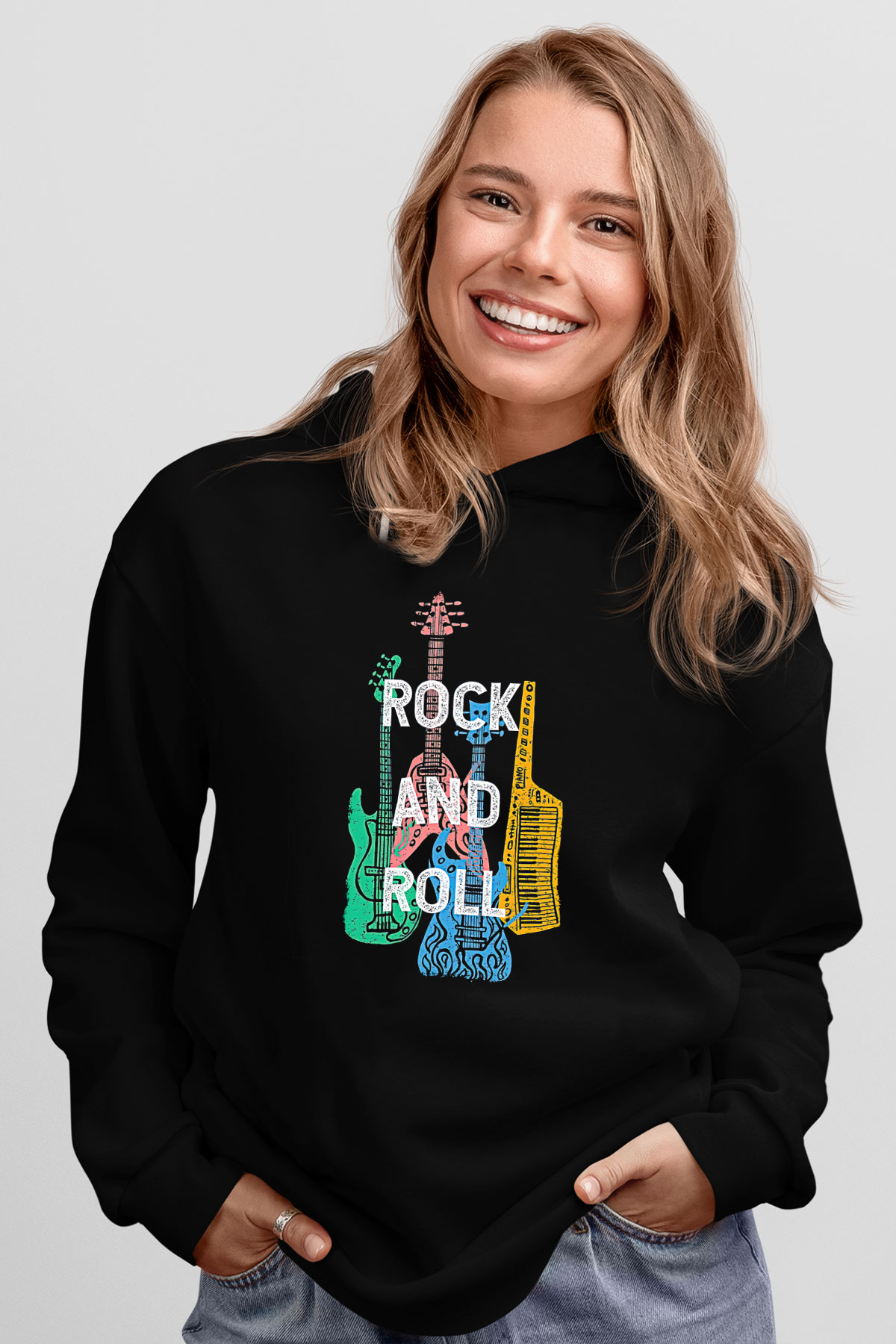 Elektro Gitar Baskılı Unisex Siyah Hoodie