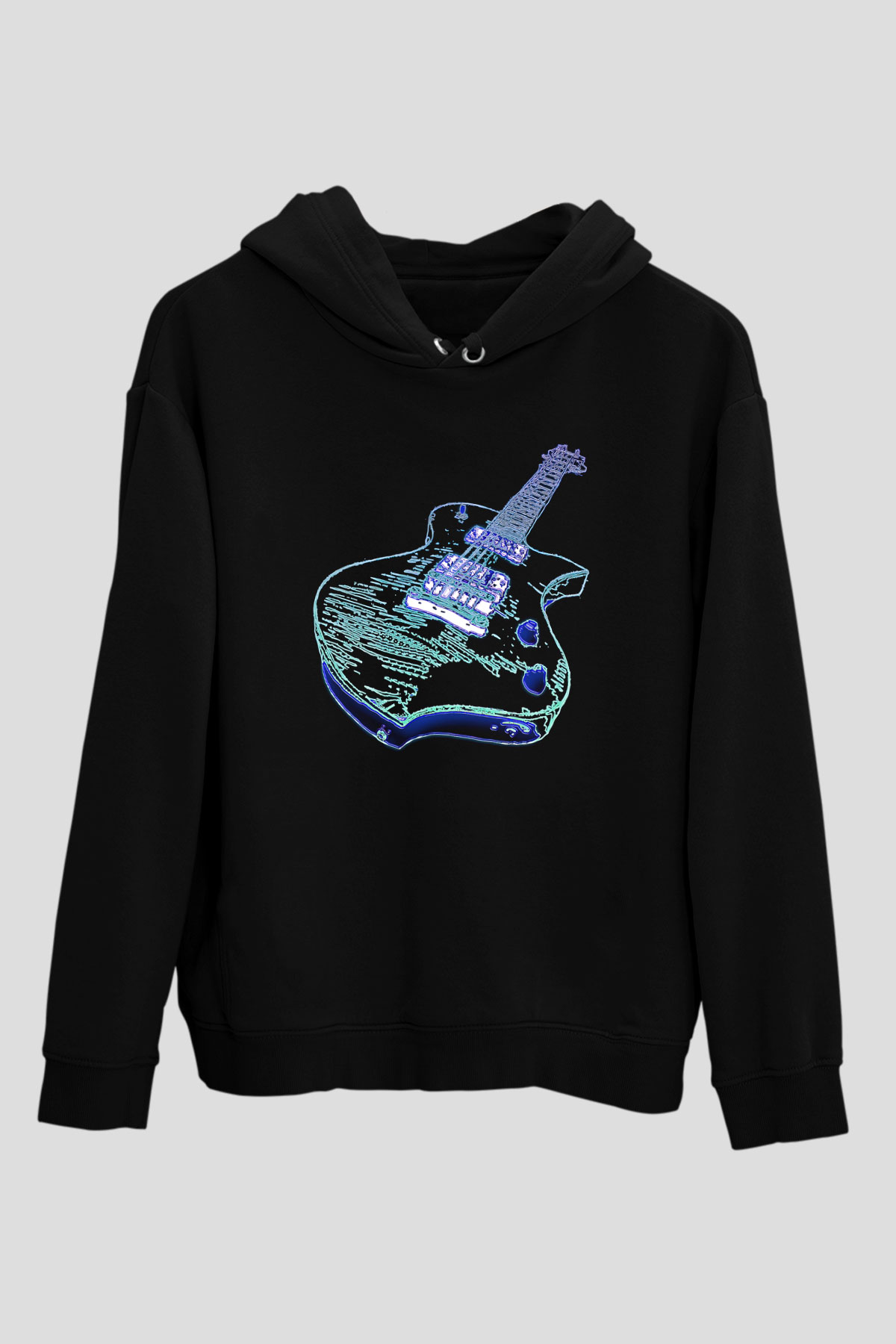 Elektro Gitar Baskılı Unisex Siyah Hoodie