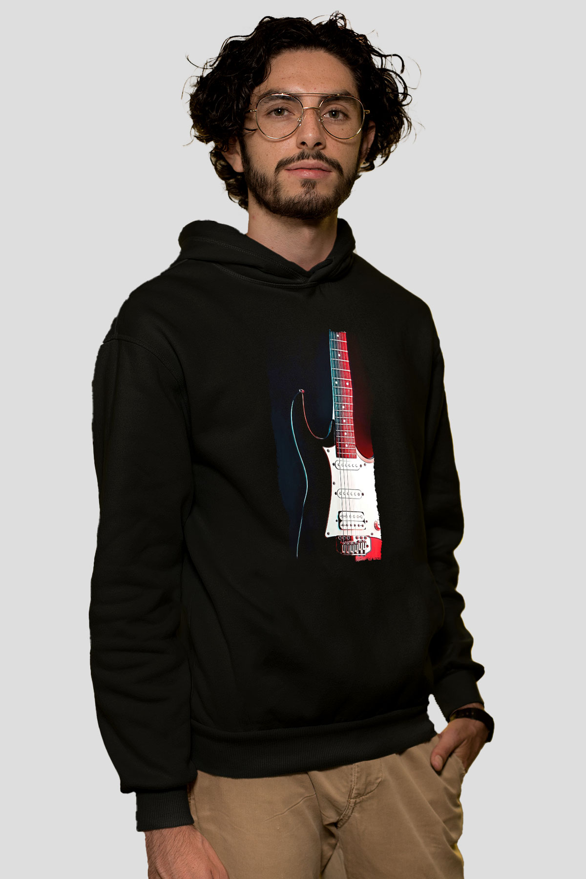 Elektro Gitar Baskılı Unisex Siyah Hoodie