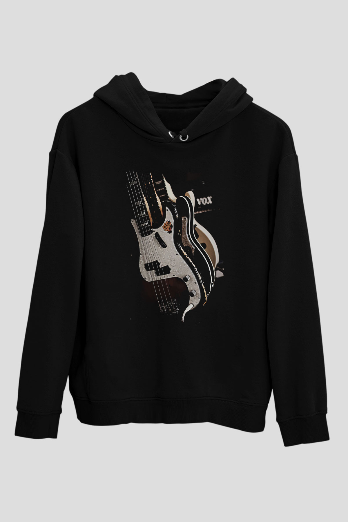 Elektro Gitar Baskılı Unisex Siyah Hoodie