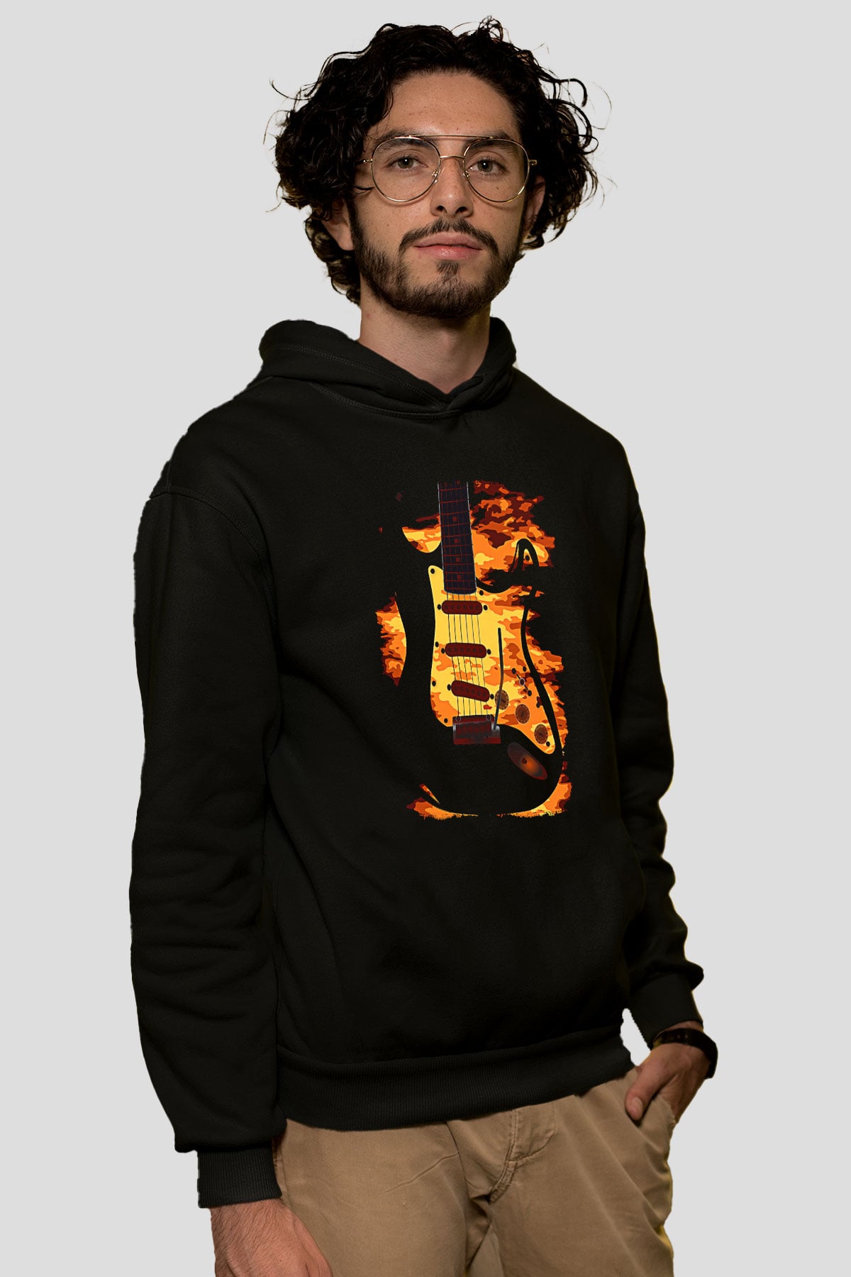 Elektro Gitar Baskılı Unisex Siyah Hoodie