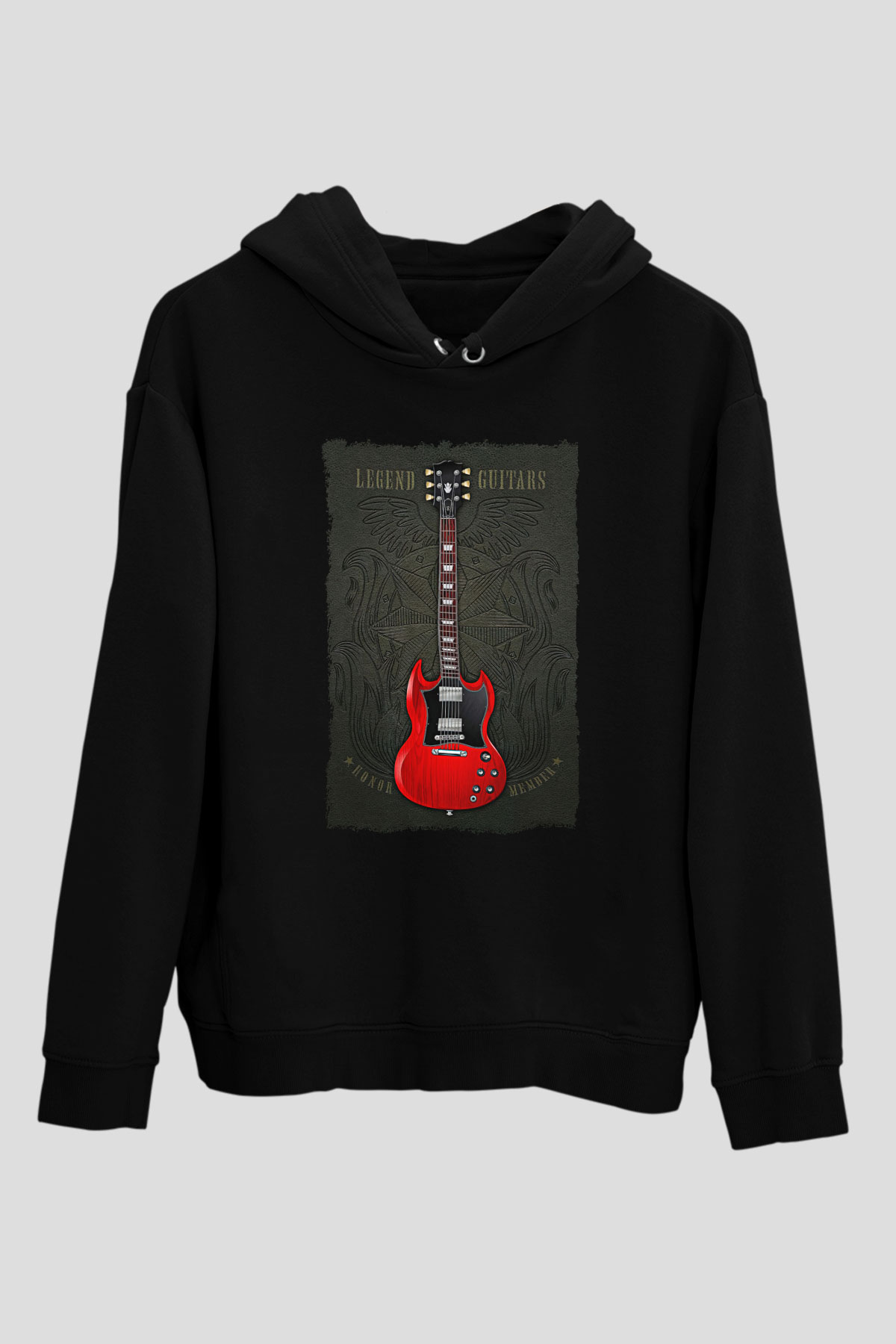 Elektro Gitar Baskılı Unisex Siyah Hoodie