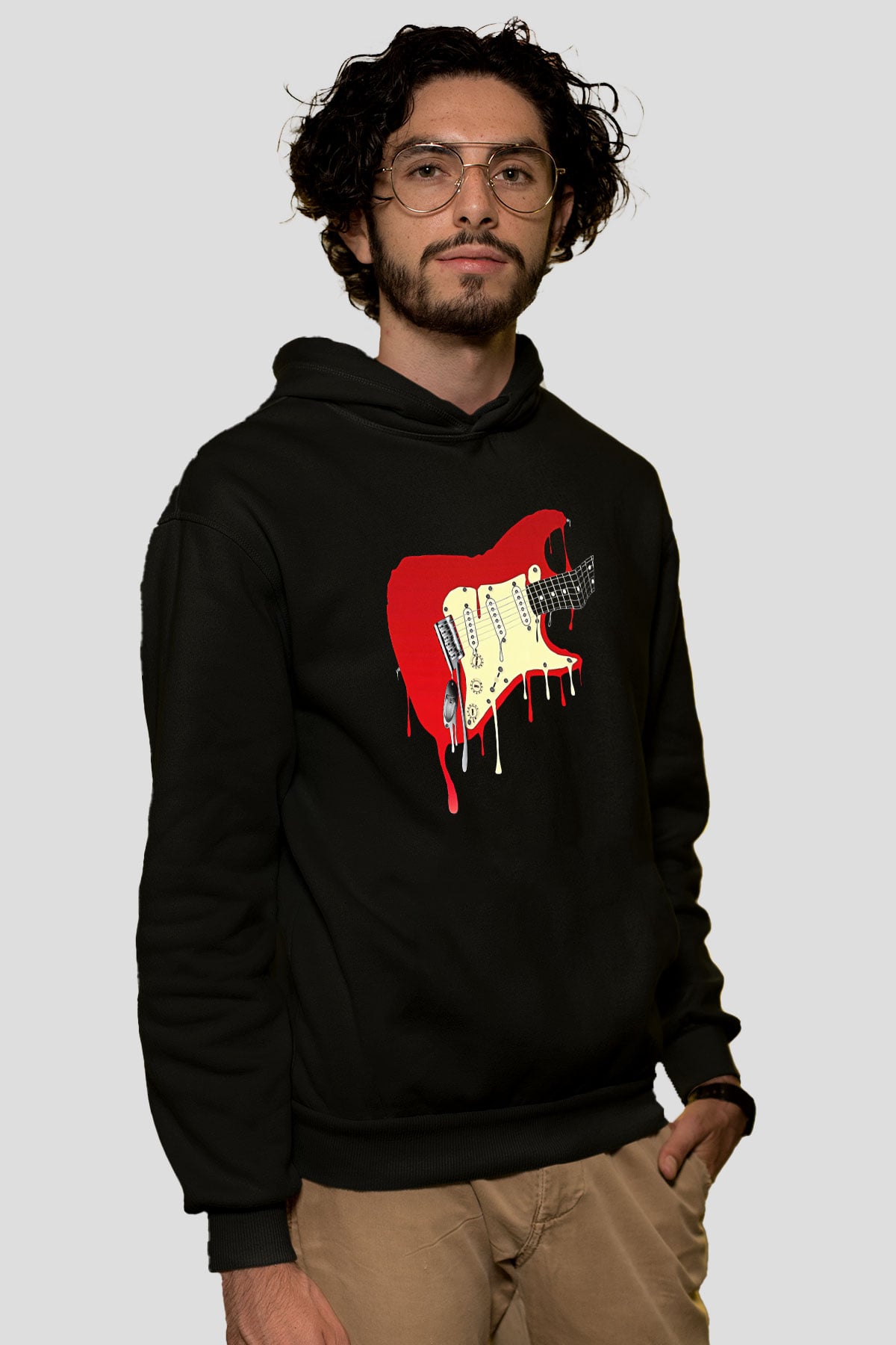 Elektro Gitar Baskılı Unisex Siyah Hoodie