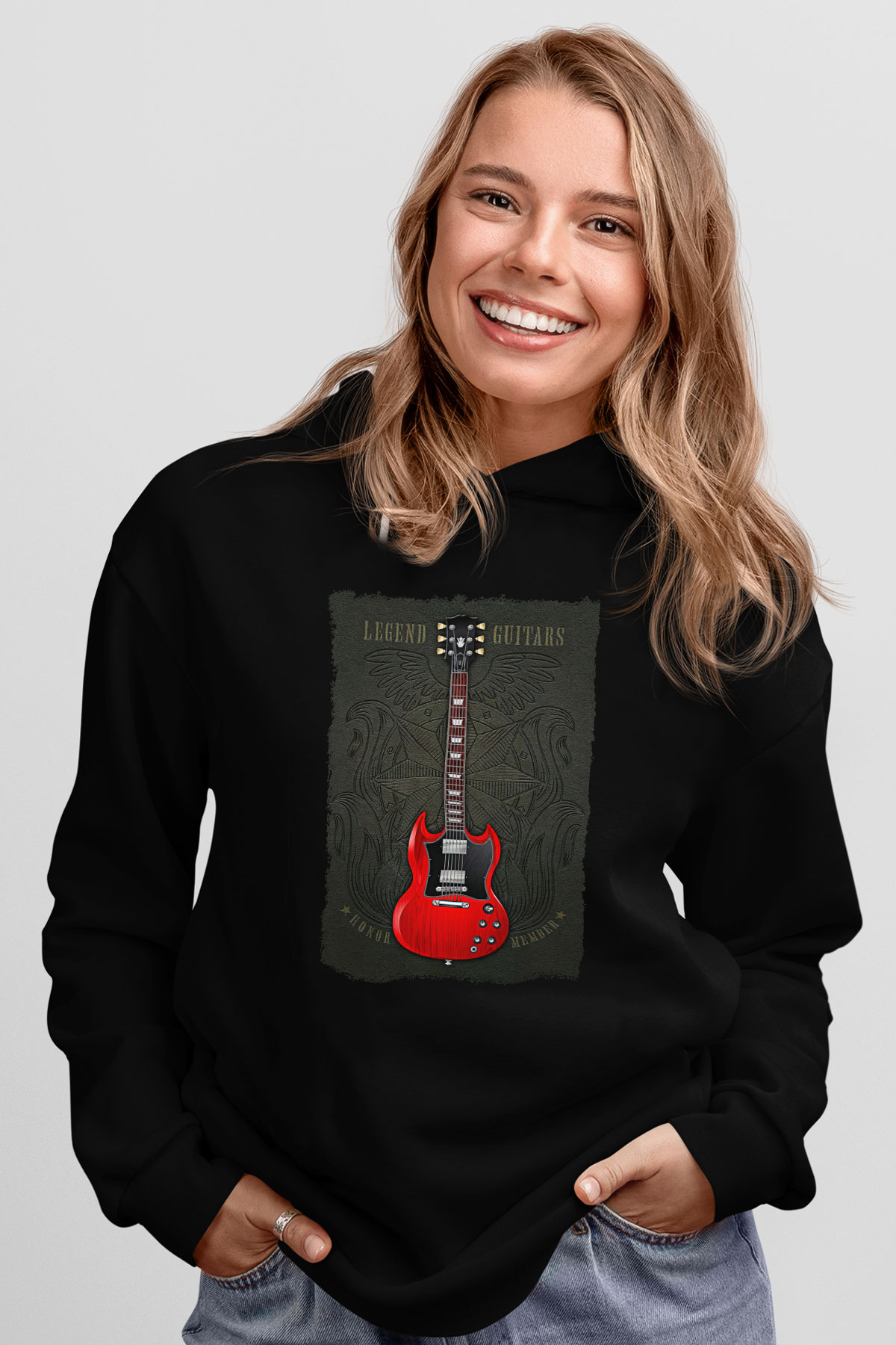 Elektro Gitar Baskılı Unisex Siyah Hoodie