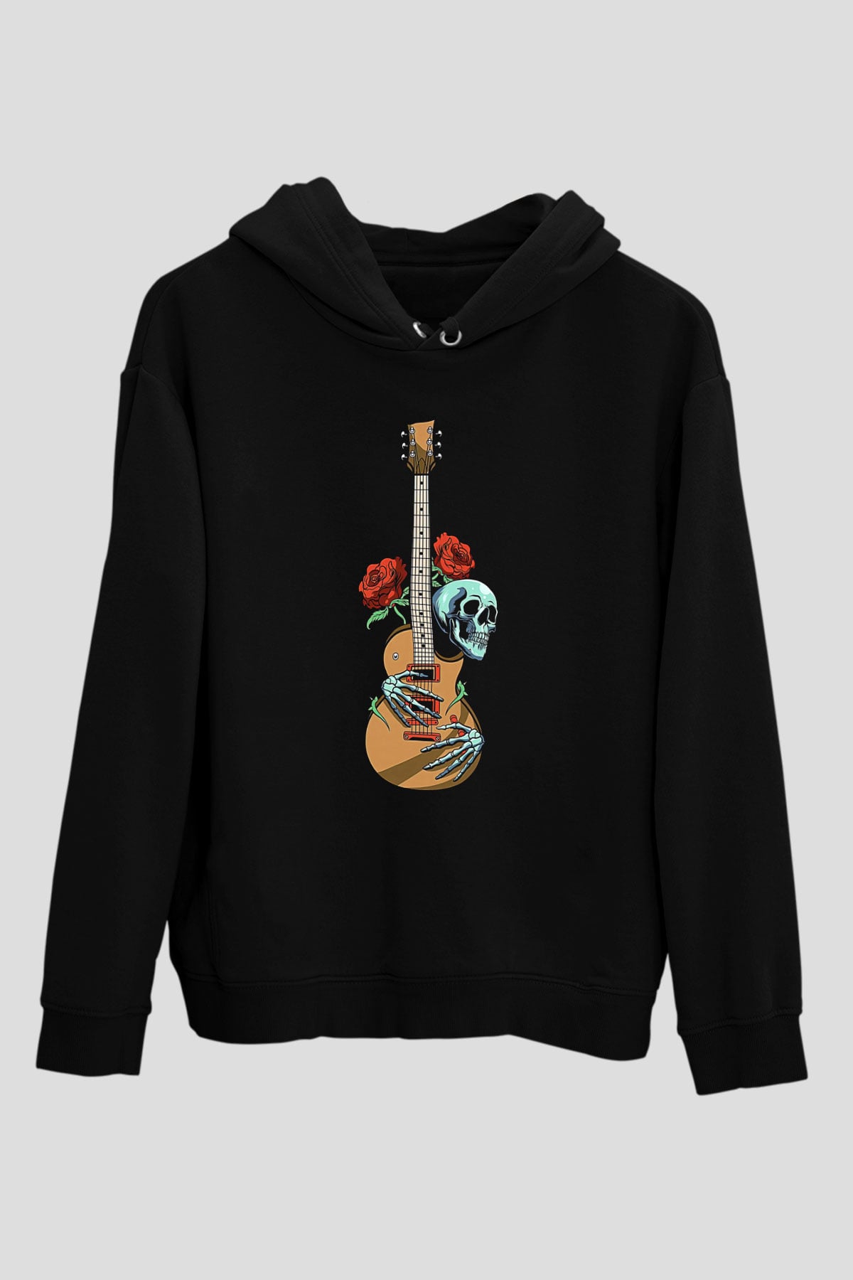 Elektro Gitar Baskılı Unisex Siyah Hoodie